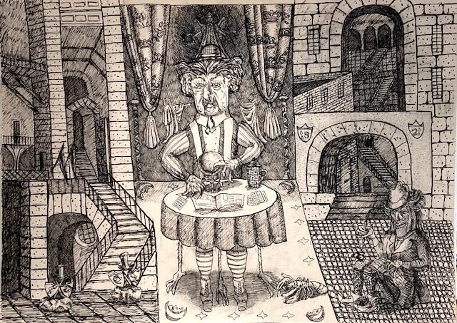 Black and white line drawing of a woman by a round table in the middle of building that looks like a castle with many stairways, drapes and unknown creatures nearby