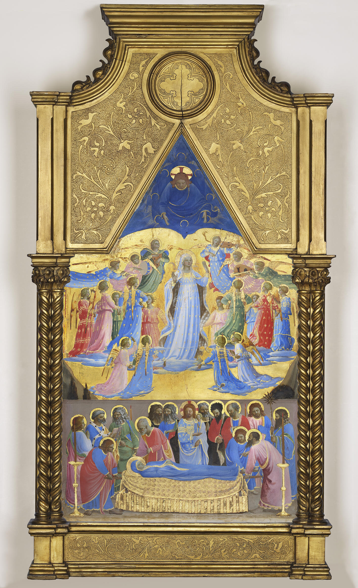  Ornately gold frame with a niche top, a tempera painting of many figures in bright colors and gilding.