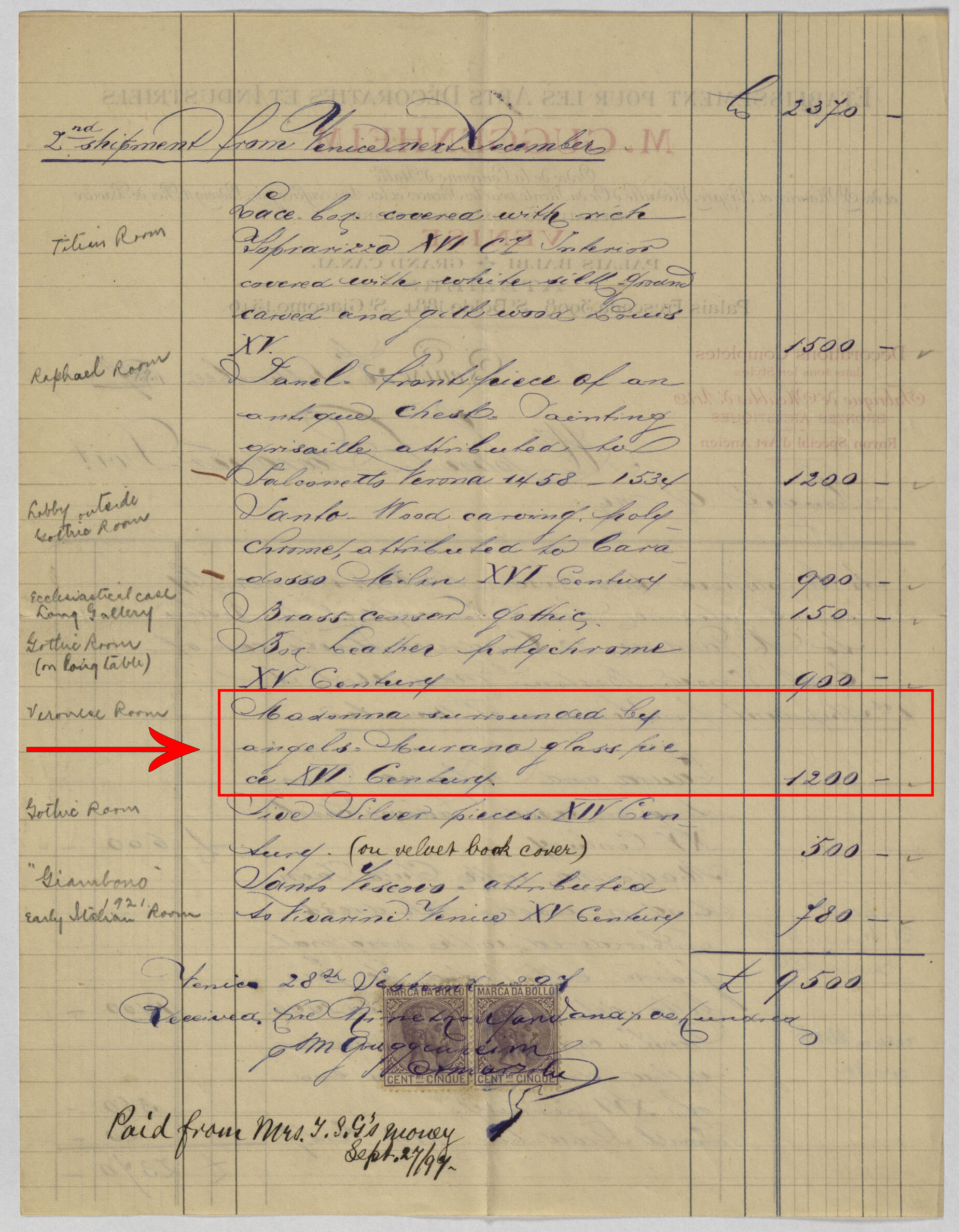 A receipt on cream colored paper with black and red print and handwriting in blue ink.