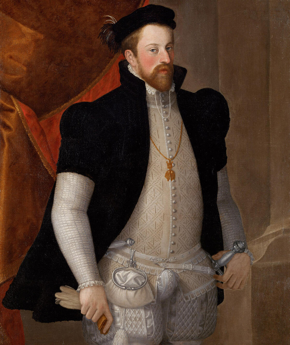 An oil on canvas portrait painting of Archduke Ferdinand II of Austria wearing white doublet and hose underneath a black coat.
