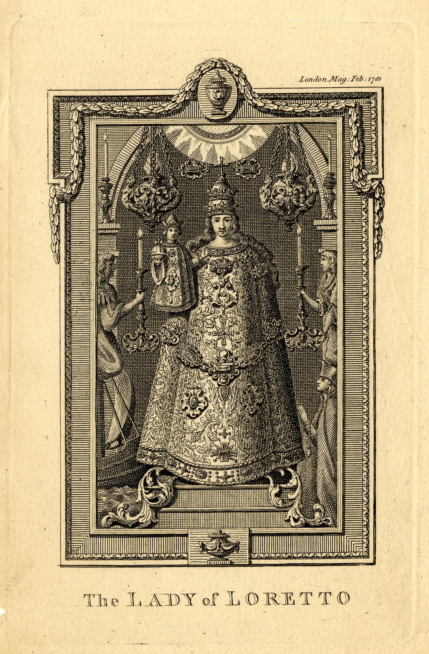 A print in black ink of The Lady of Loreto on cream colored paper.