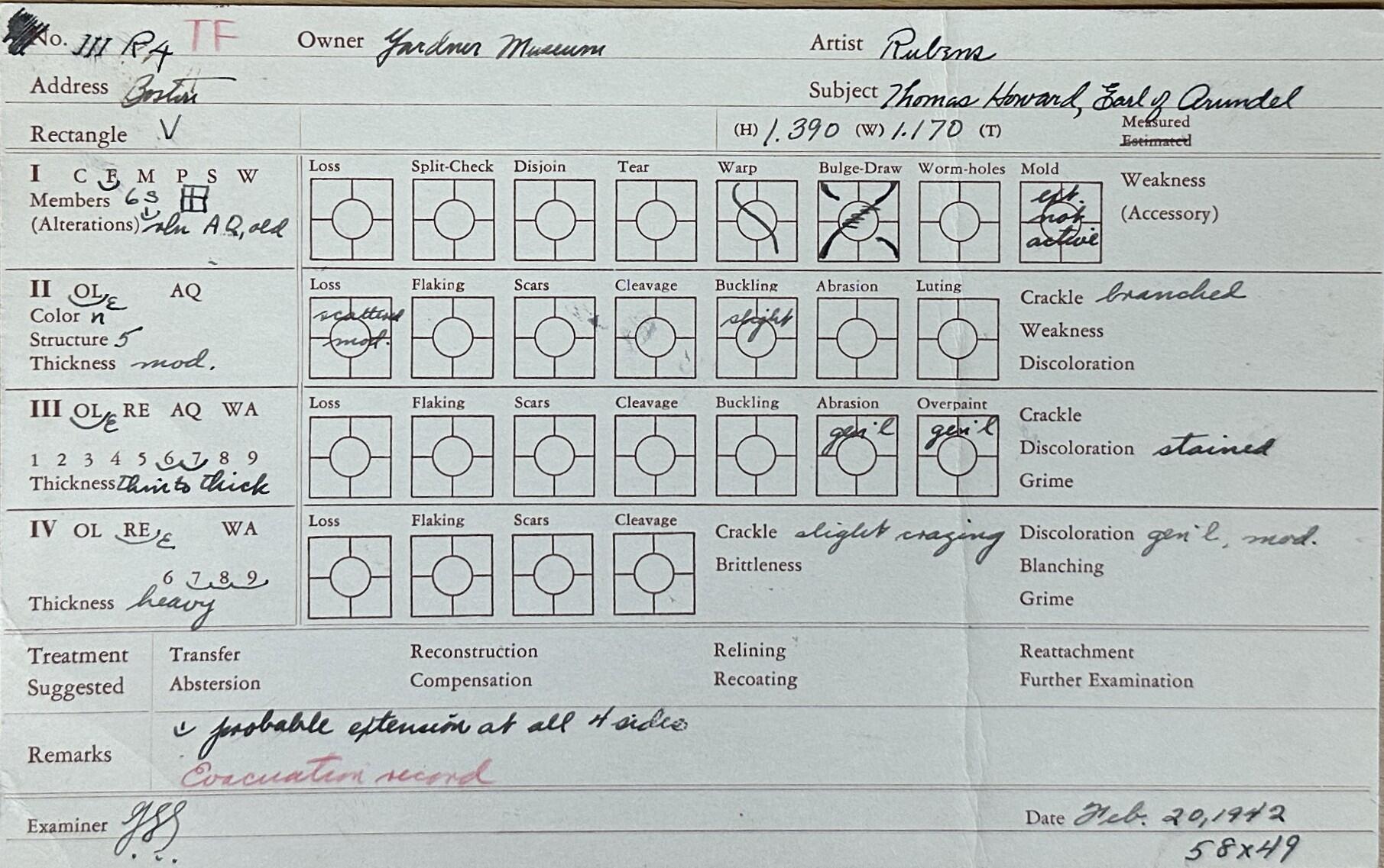 Notecard with diagrams and handwritten notes, evaluating the condition of a painting.
