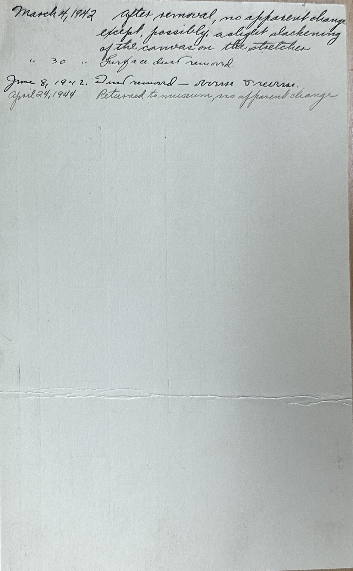  Dated notes, handwritten in ink that track updates to the condition and location of a painting.