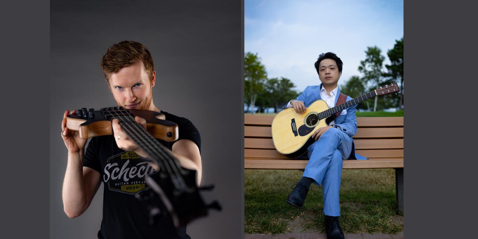 Two images of two men. One man is Caucasian with red hair and a beard and is pointing a bass guitar at the viewer. The other man is Asian with short, dark hair, wearing a light blue shirt and is sitting on a bench outdoors, holding a guitar. 