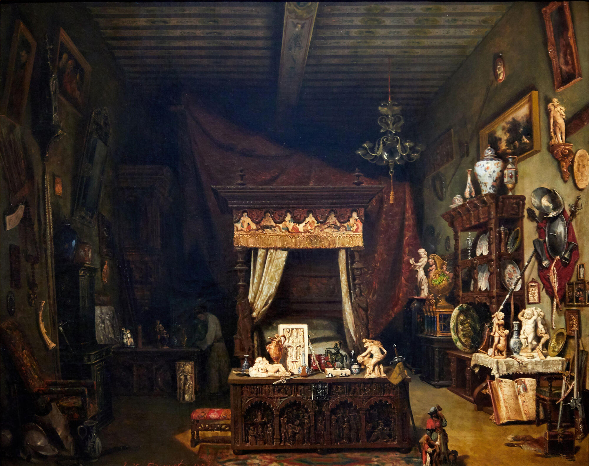 A painting of a shadowy room with an old wood canopy bed in the center surrounded by ceramics, sculpture, textiles, and furniture.