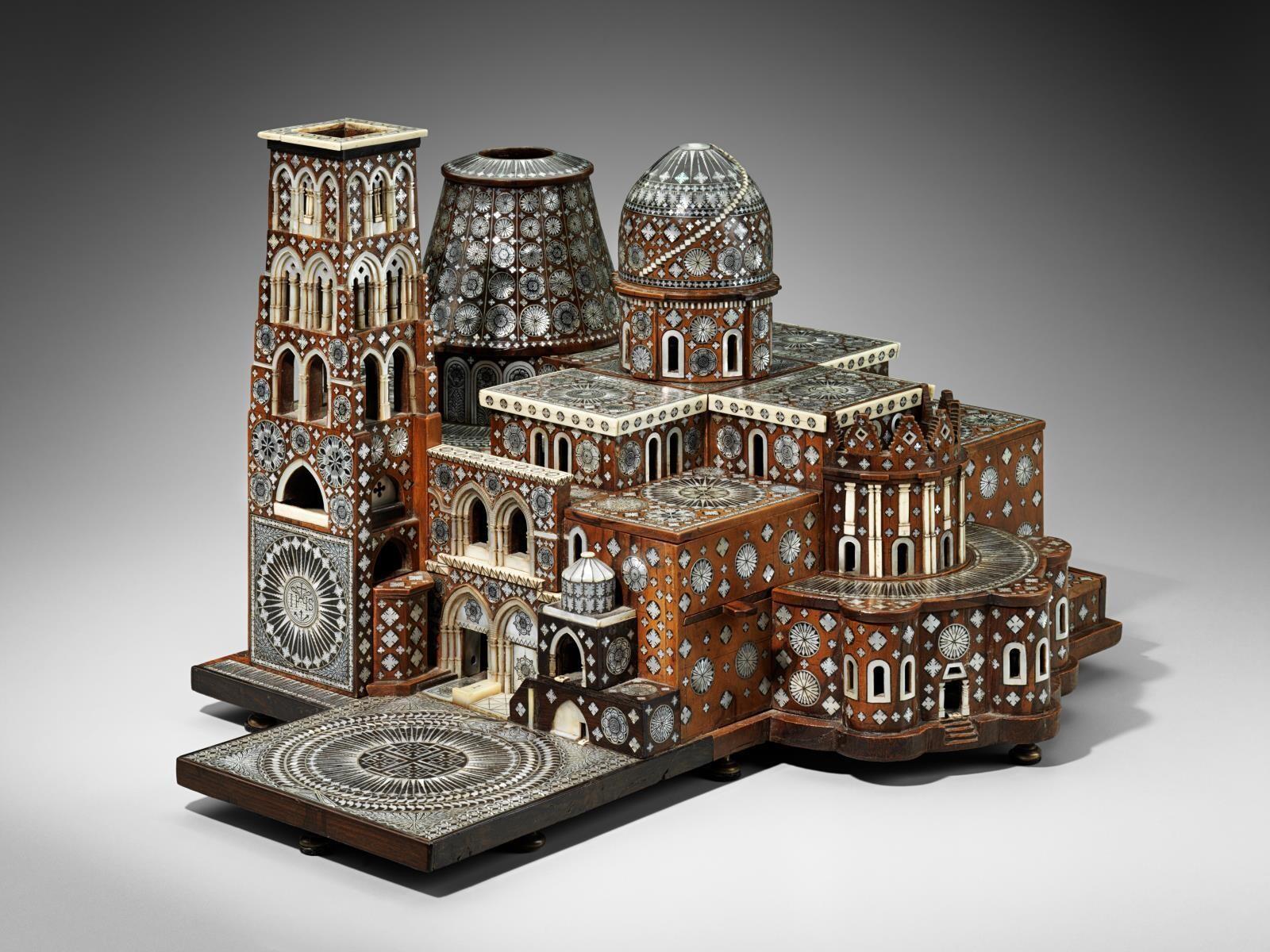 A model of the Church of the Holy Sepulchre, ornately inlaid with mother-of-pearl and bone.