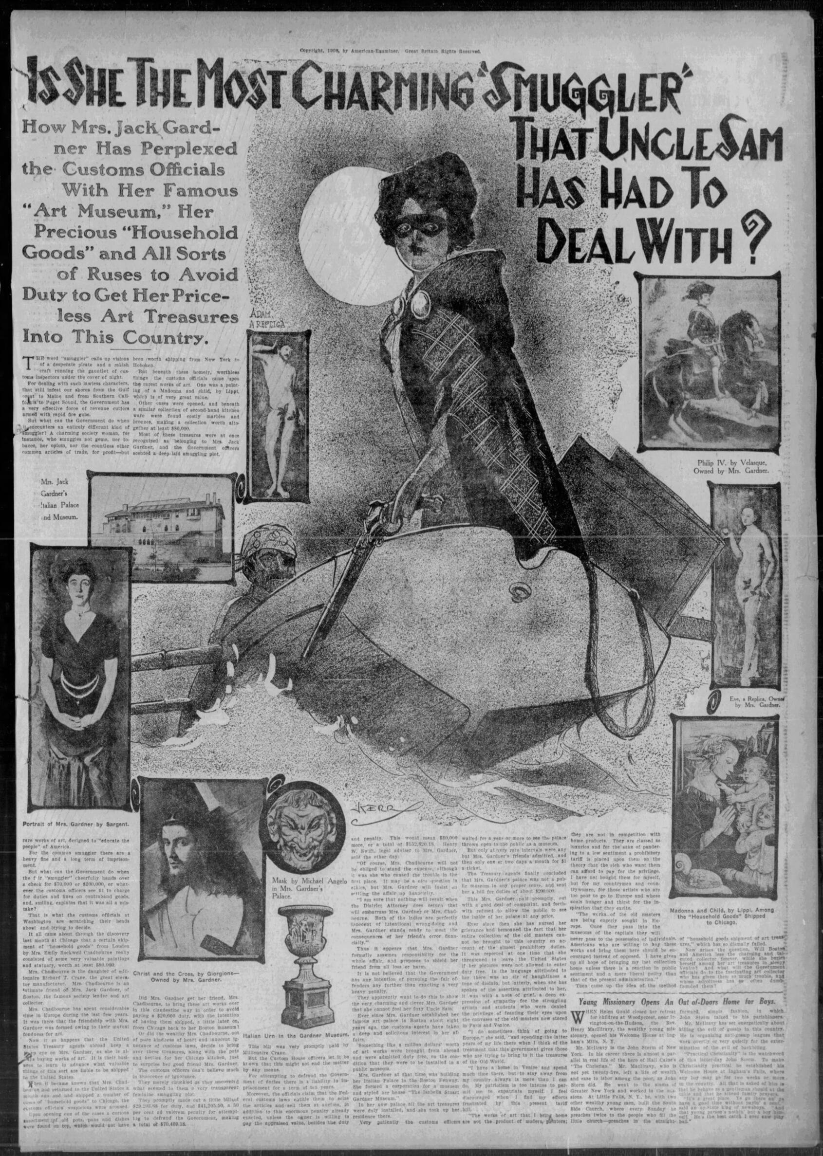  A newspaper article with an illustration of a woman wearing a mask and holding a gun in a boat surrounded by illustrations of artworks.
