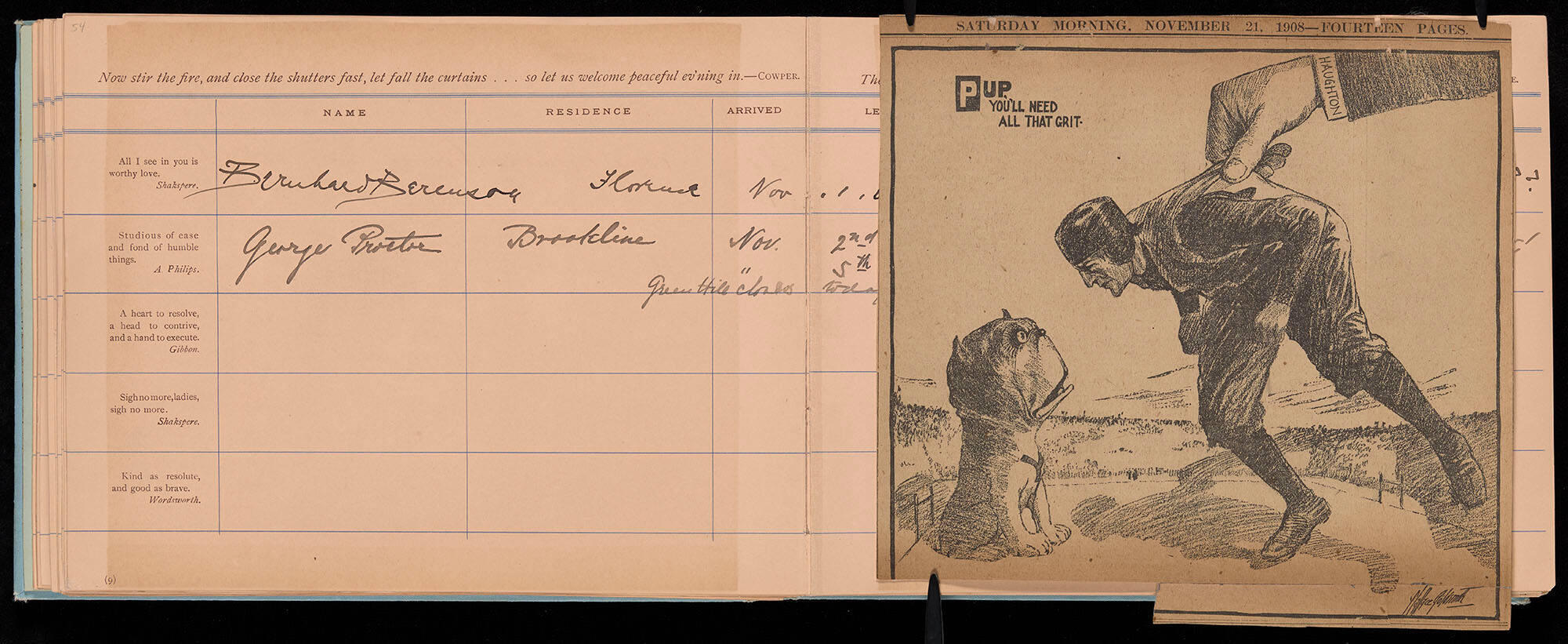 An open album with a newspaper clipping of a drawing of a Harvard football player looking at a Yale bulldog captioned Pup, You’ll Need All That Grit.