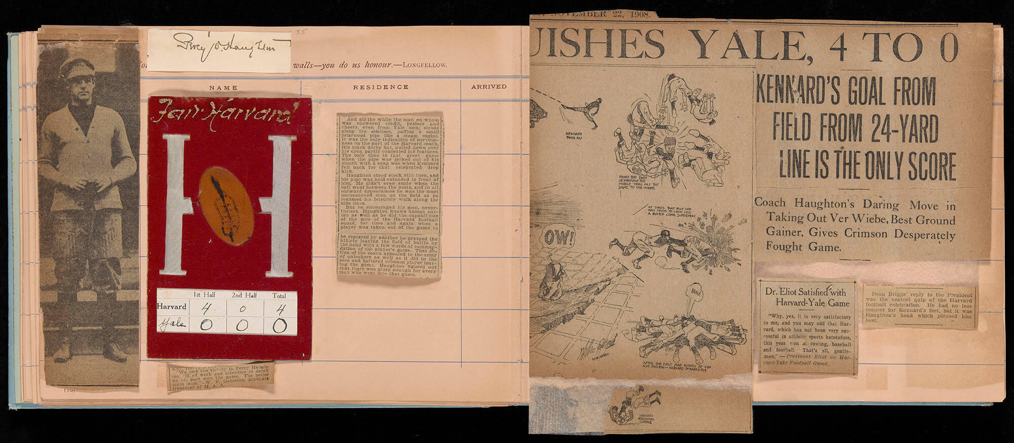 An open album with a Harvard Yale football game score card and newspaper clippings about Harvard’s victory over Yale. 