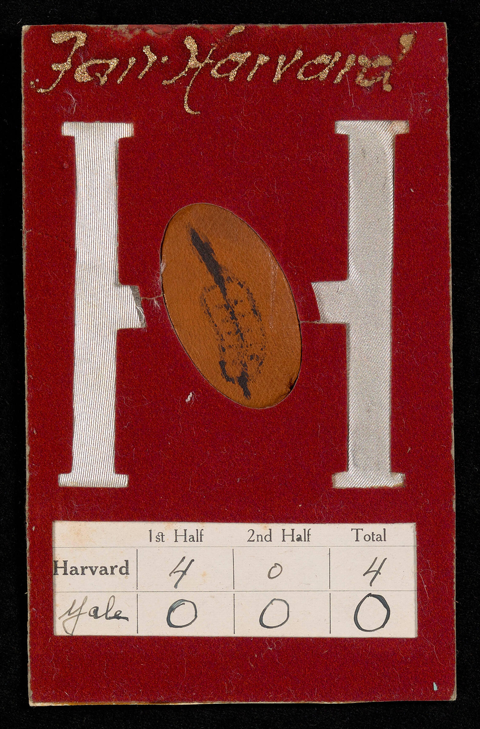 A postcard with a red H for Harvard, a football, and the score: Harvard 4 Yale 0.