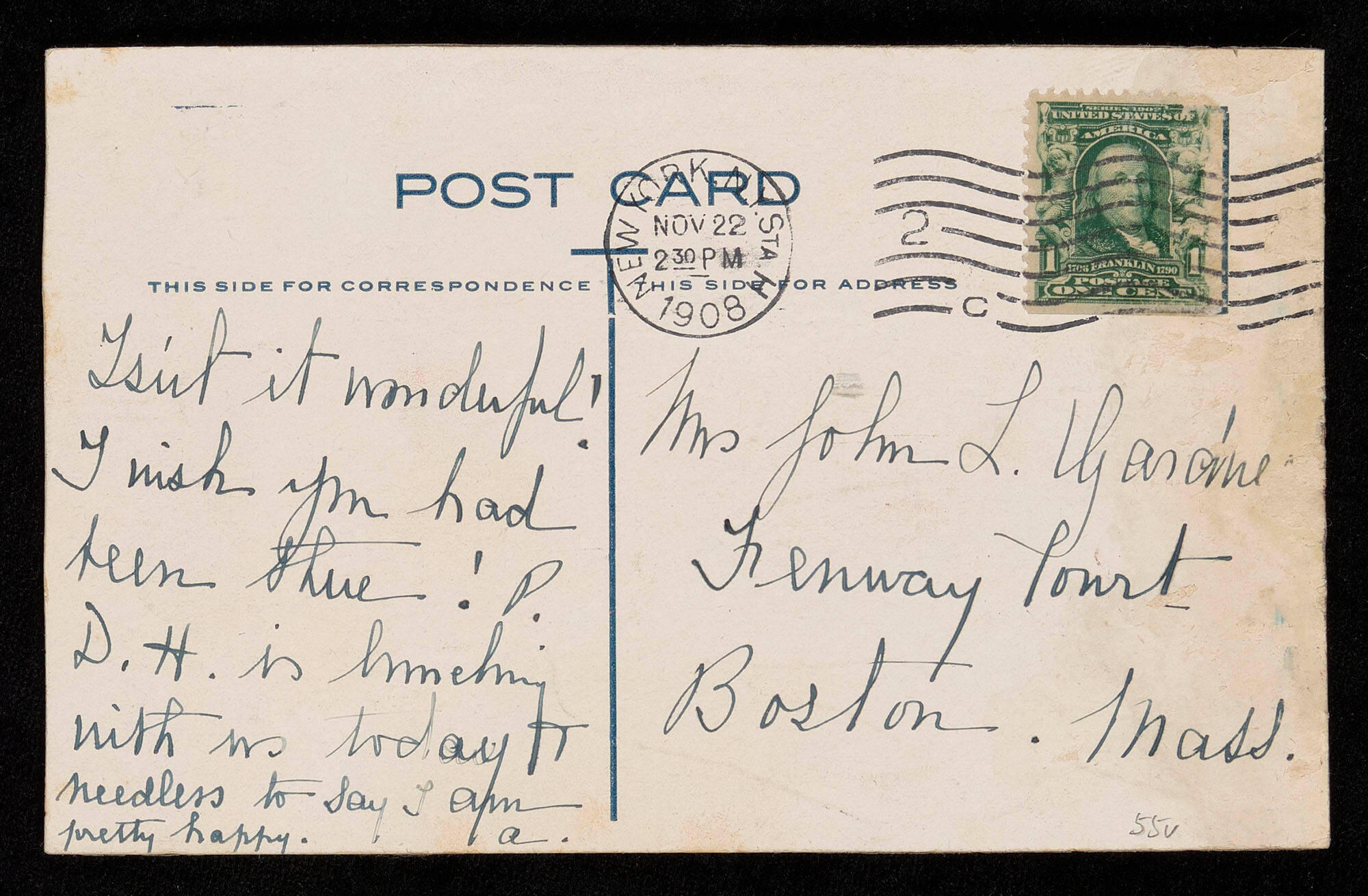 The back of a postcard where Alison Haughton describes her excitement over Havard’s football victory over Yale.