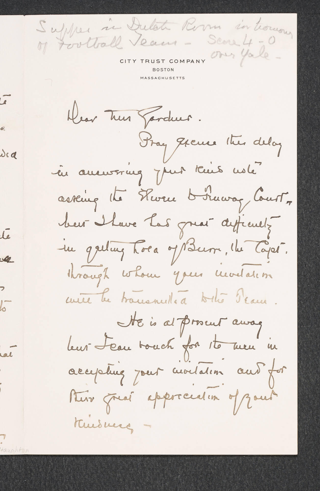 A handwritten letter from the Harvard football coach to Isabella Stewart Gardner with Isabella’s inscription about inviting them to dinner in honor of their victory over Yale.