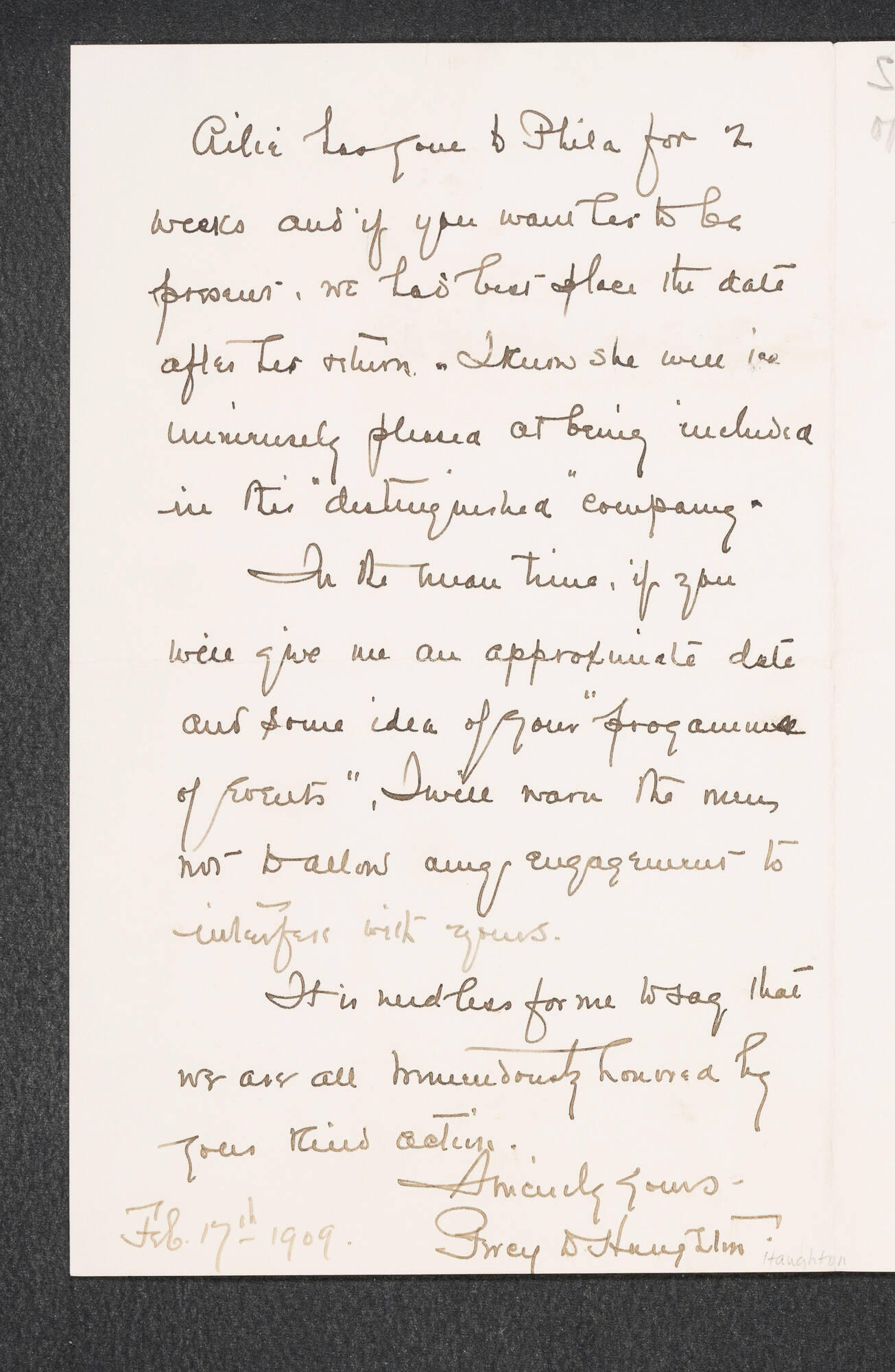 A handwritten letter from the Harvard football coach to Isabella Stewart Gardner with Isabella’s inscription about inviting them to dinner in honor of their victory over Yale.