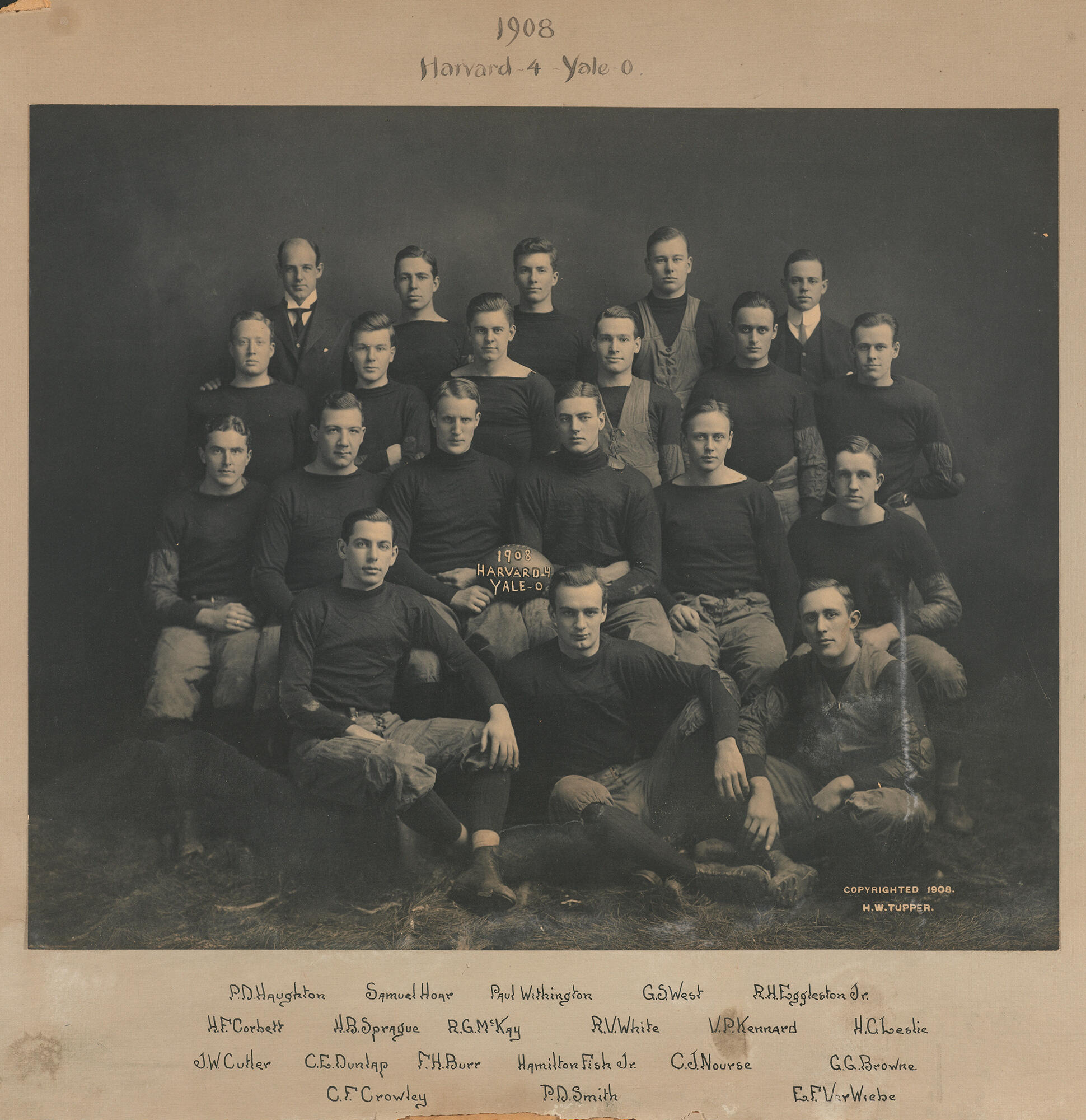 A black and white photograph of nineteen white male Harvard football players and their coach.