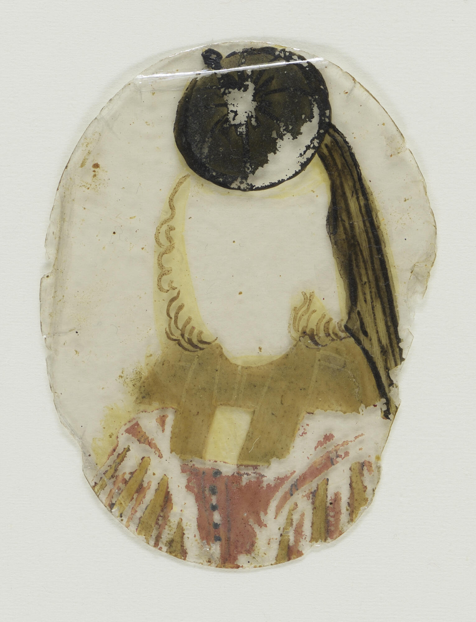 A transparent oval painted with round black hat and veil.