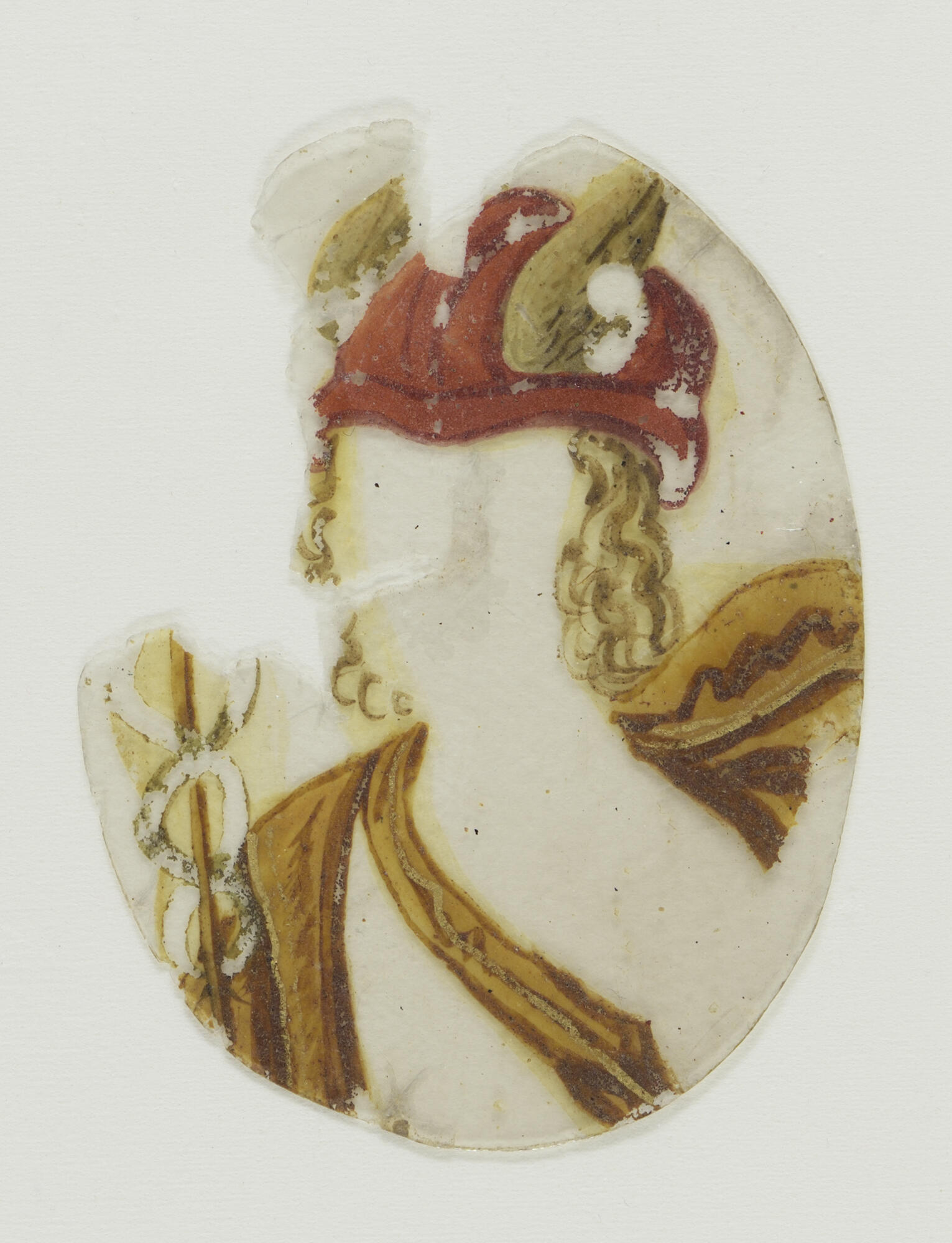 A transparent oval painted with a red helmet with gold wings, shoulder length hair, a scepter, and robe.