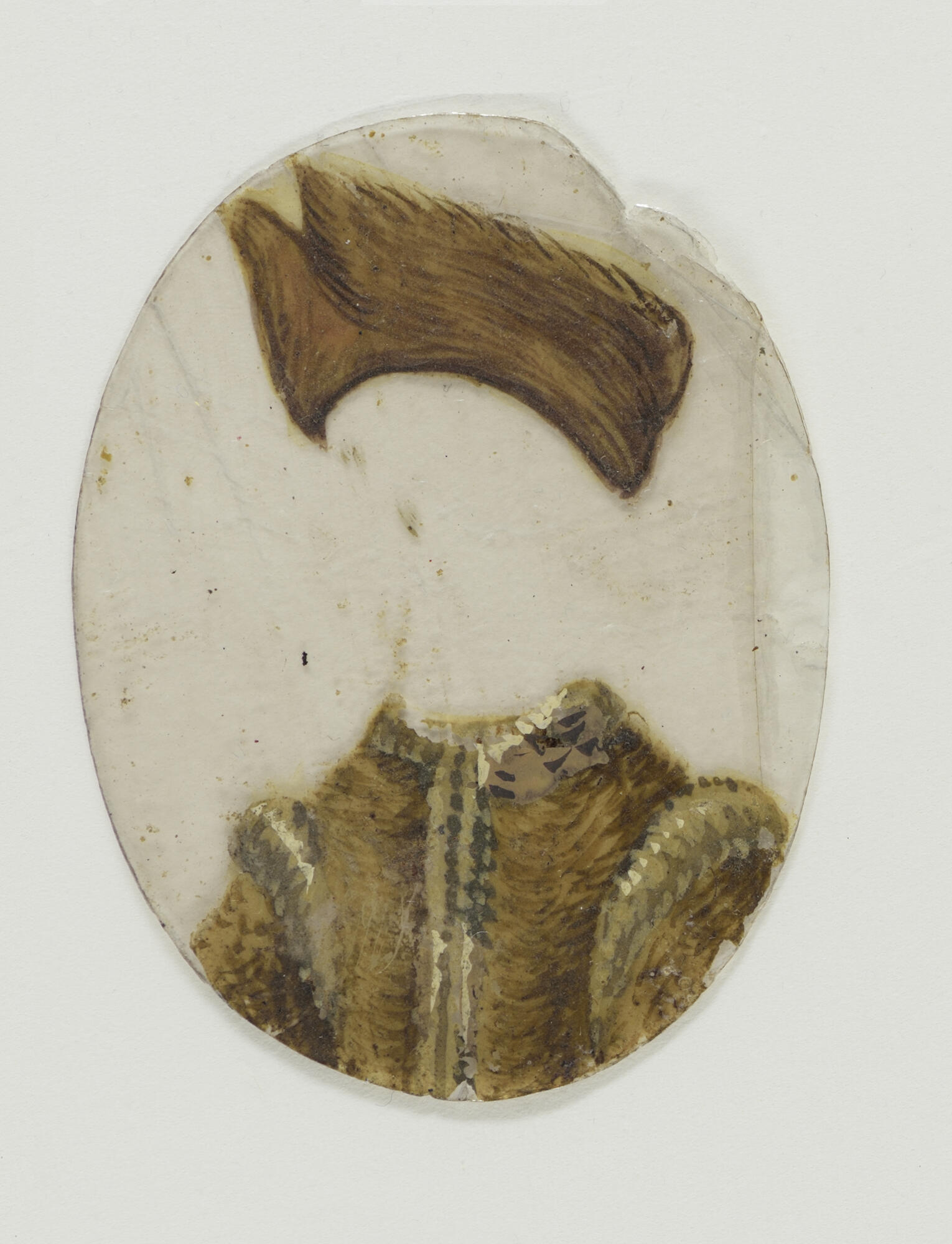 A transparent oval painted with a brown fur hat and jacket.
