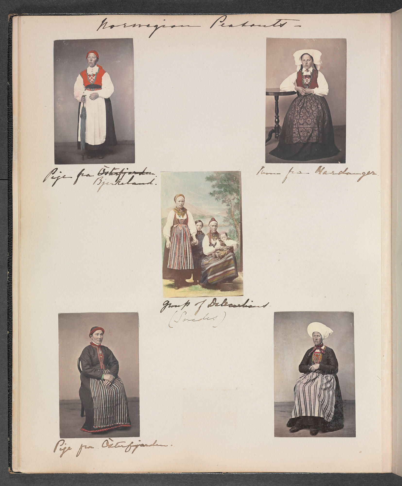 A page from an album with colorized photographs of women in bunads from different areas of Norway.