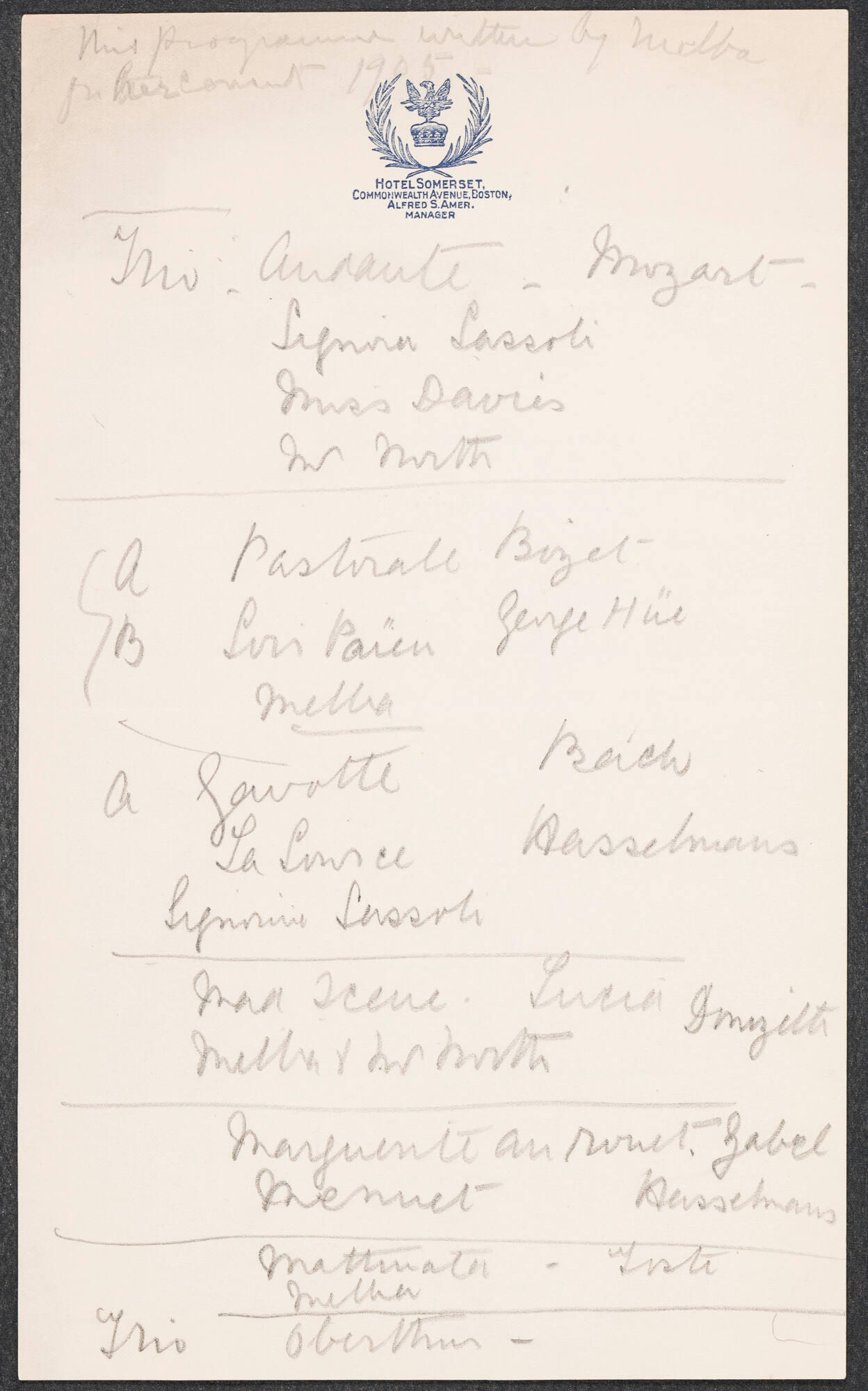 A handwritten list of musical works and composers.