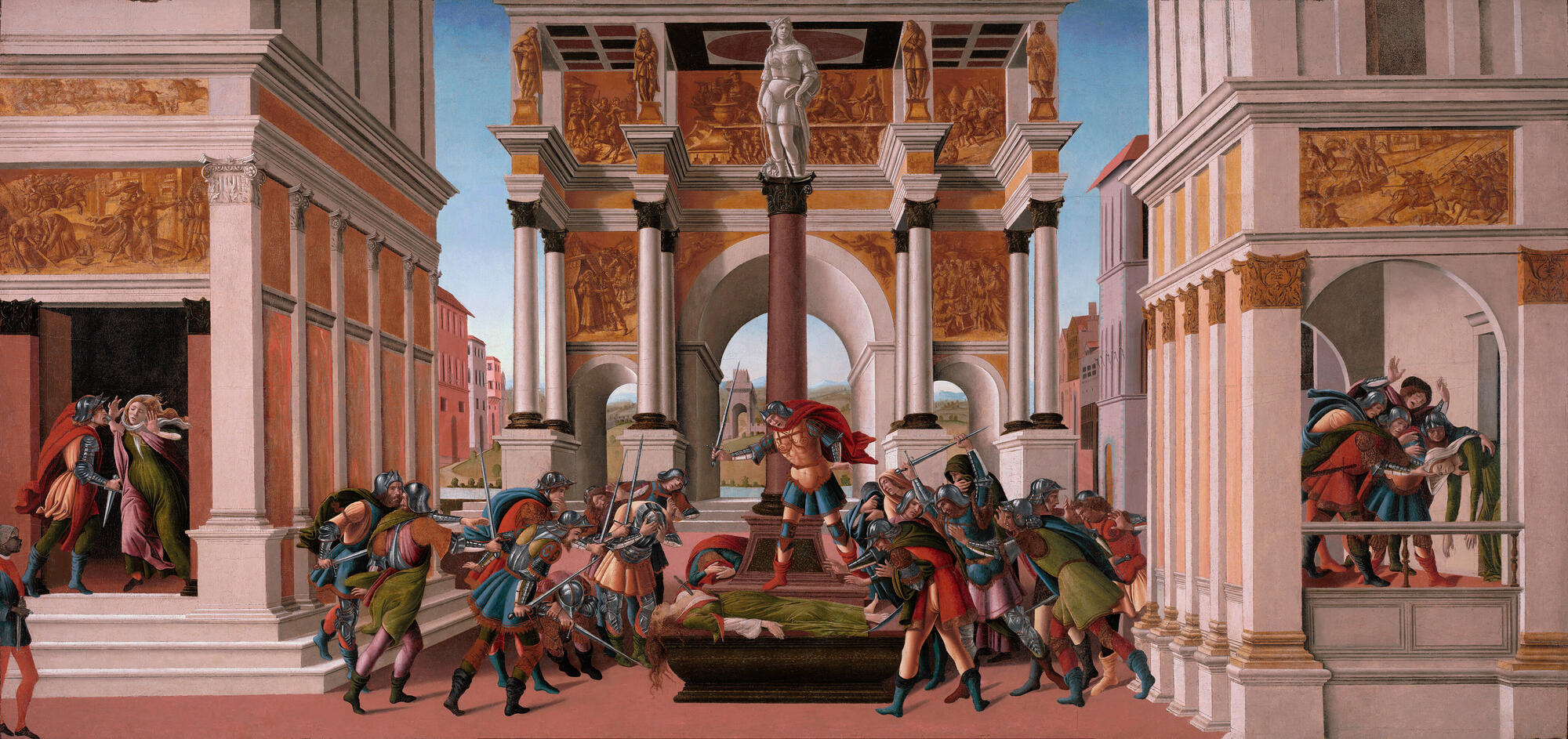 A painting of a woman’s body laying on an altar with a knife in her chest surrounded by a group of men.