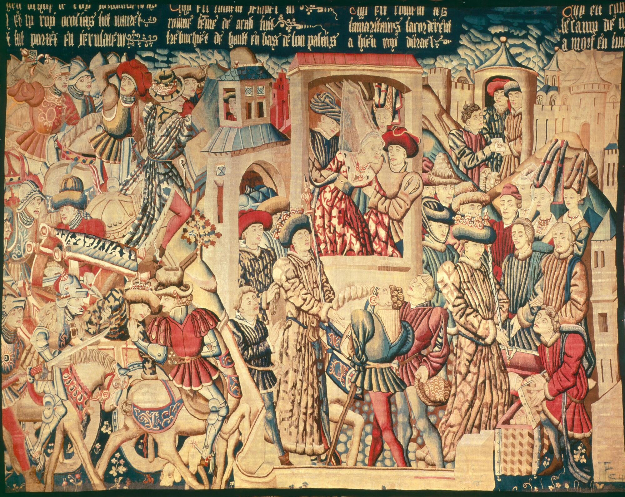 A woven tapestry with a man holding a woman by her arm at the center.