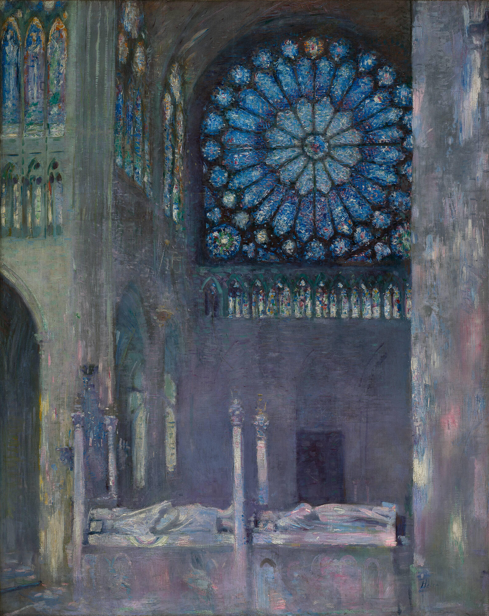 A large stained glass rose window in a church painted in loose brushstrokes in tones of blue and purple.