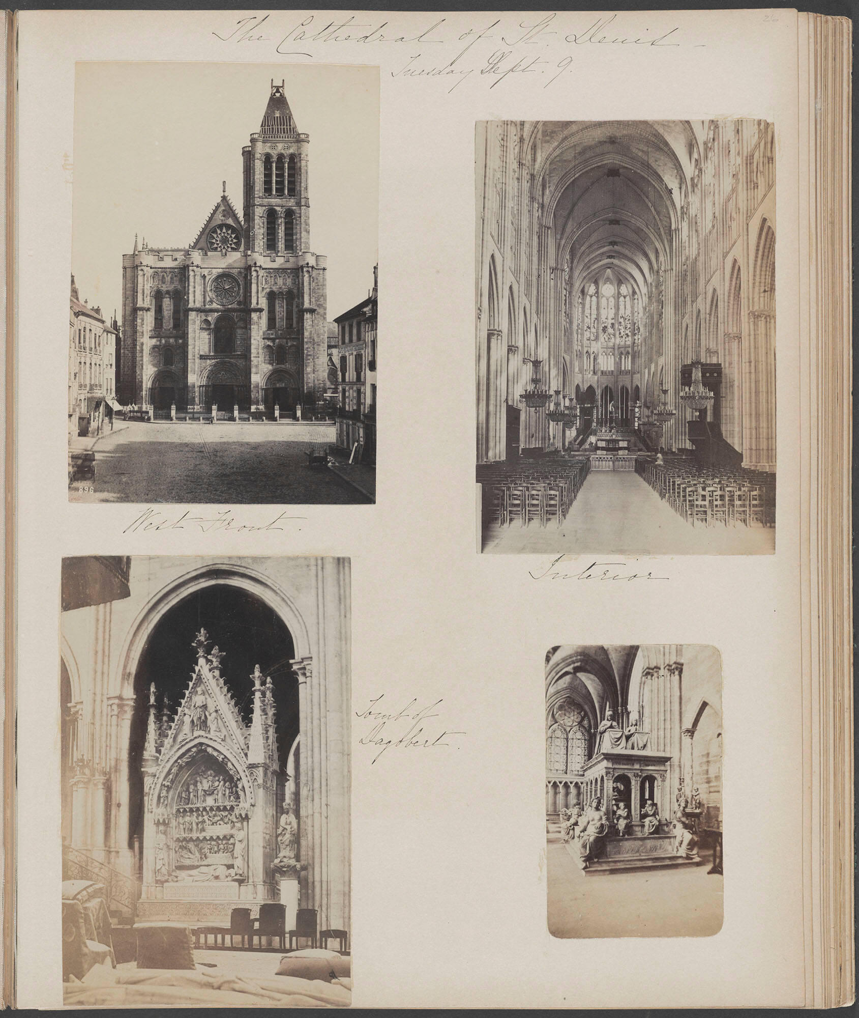 A page from an album with four black and white photographs of the exterior and interior of the cathedral St. Denis with annotations by Isabella Stewart Gardner.