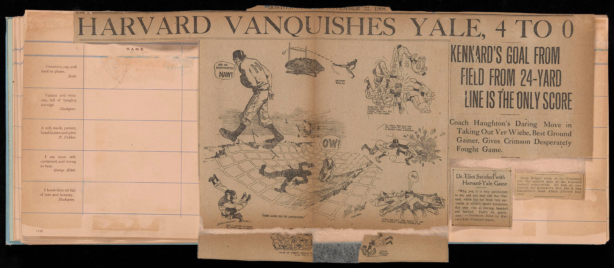 An open album with a newspaper clipping entitled Harvard Vanquishes Yale,  4 to 0.