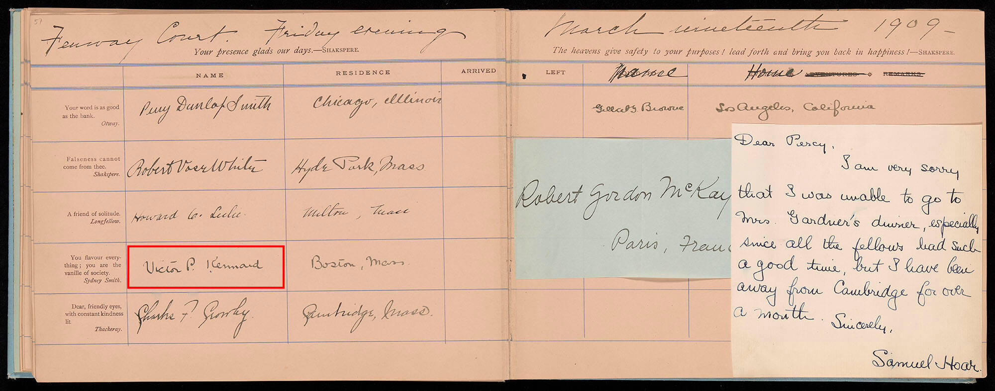 An open album with signatures of the Harvard football team: a red box indicates kicker Victor Kennard’s name.