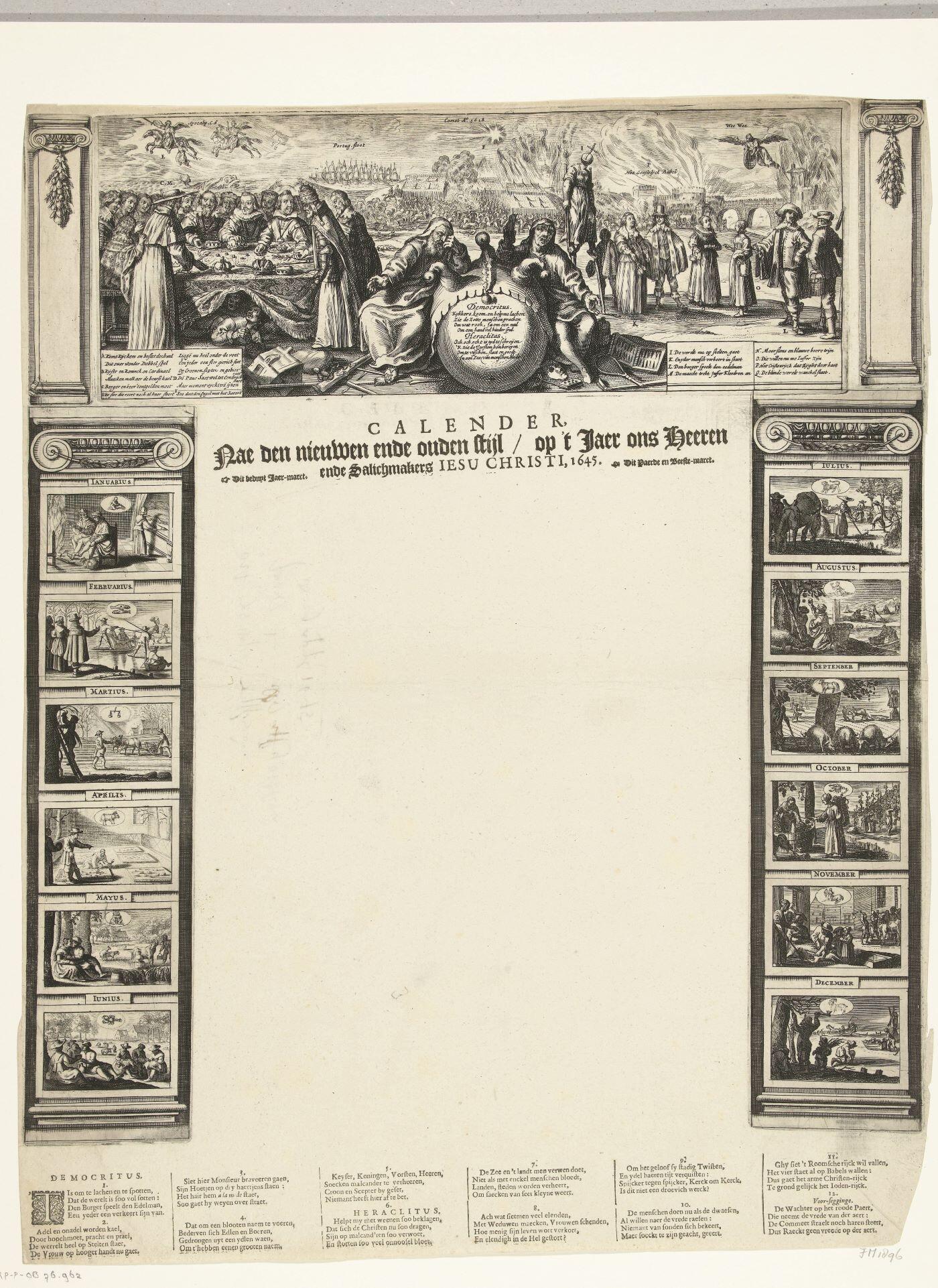 A printed calendar page from 1645. The months are illustrated by agricultural scenes around the border of the paper.