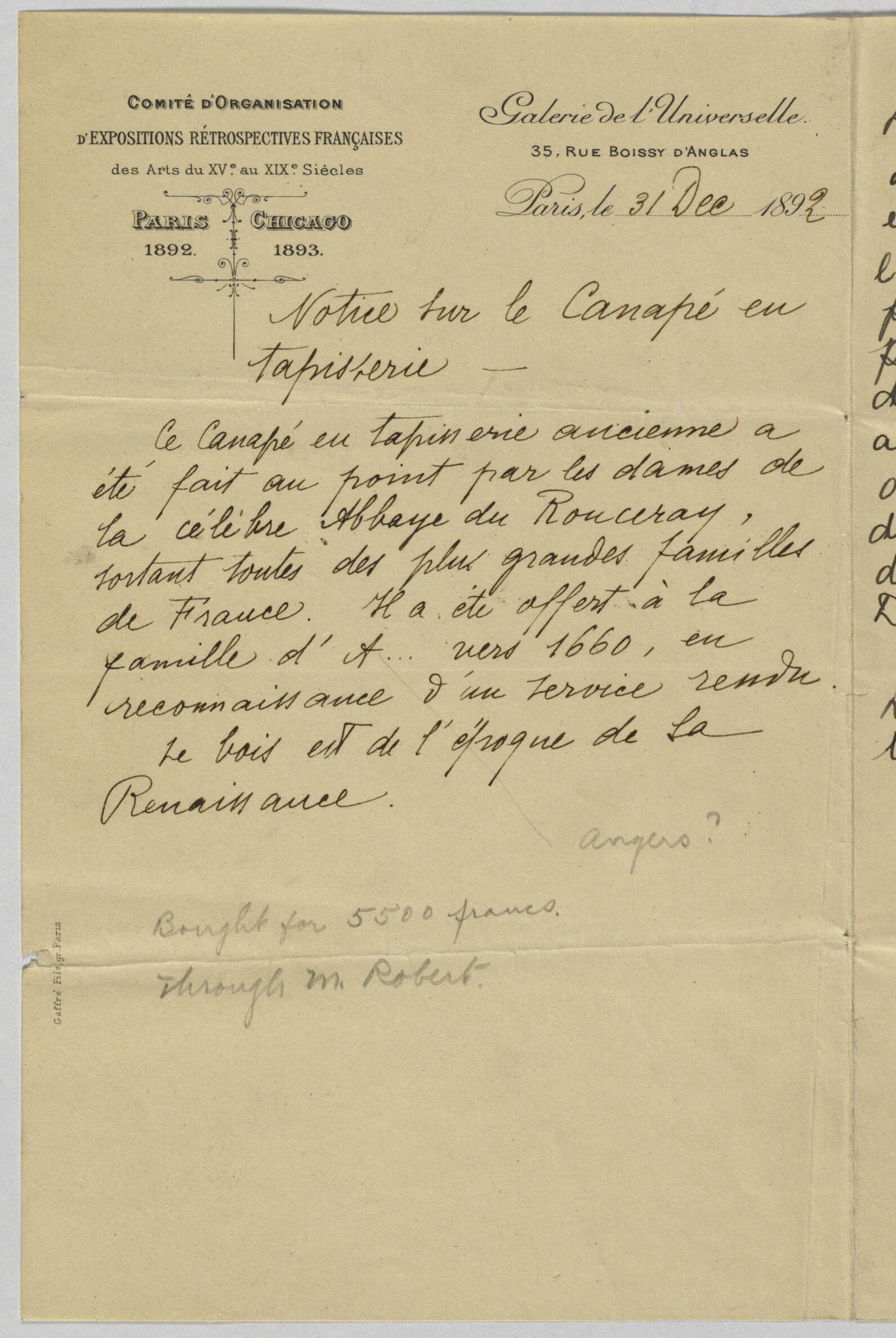 A document saying that the embroidery on the sofa was made by nuns of the Ronceray Abbey