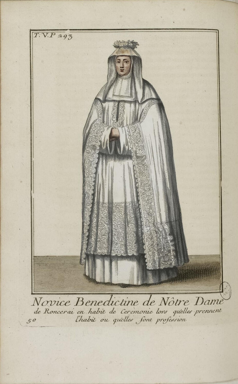 A woman in a habit and white robe with elaborate needleworking details on the cuffs and trim.