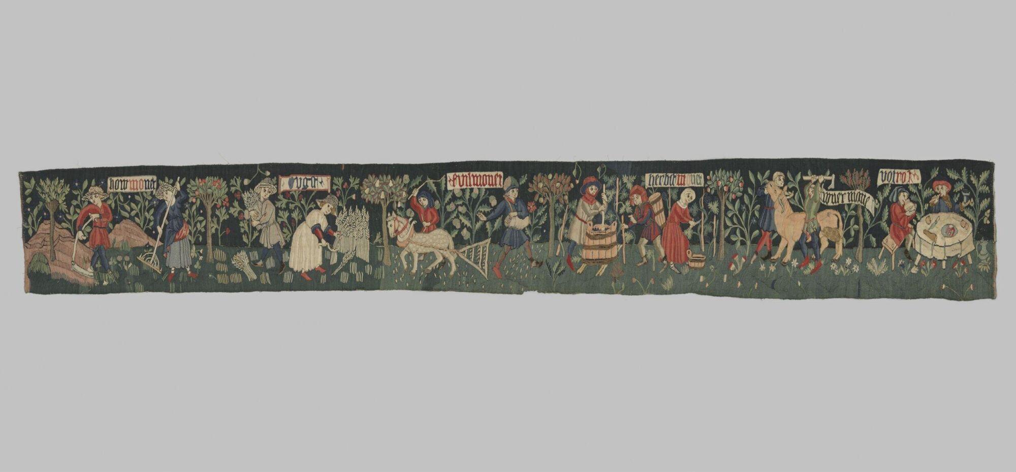 A long narrow textile with six different agricultural scenes by month.