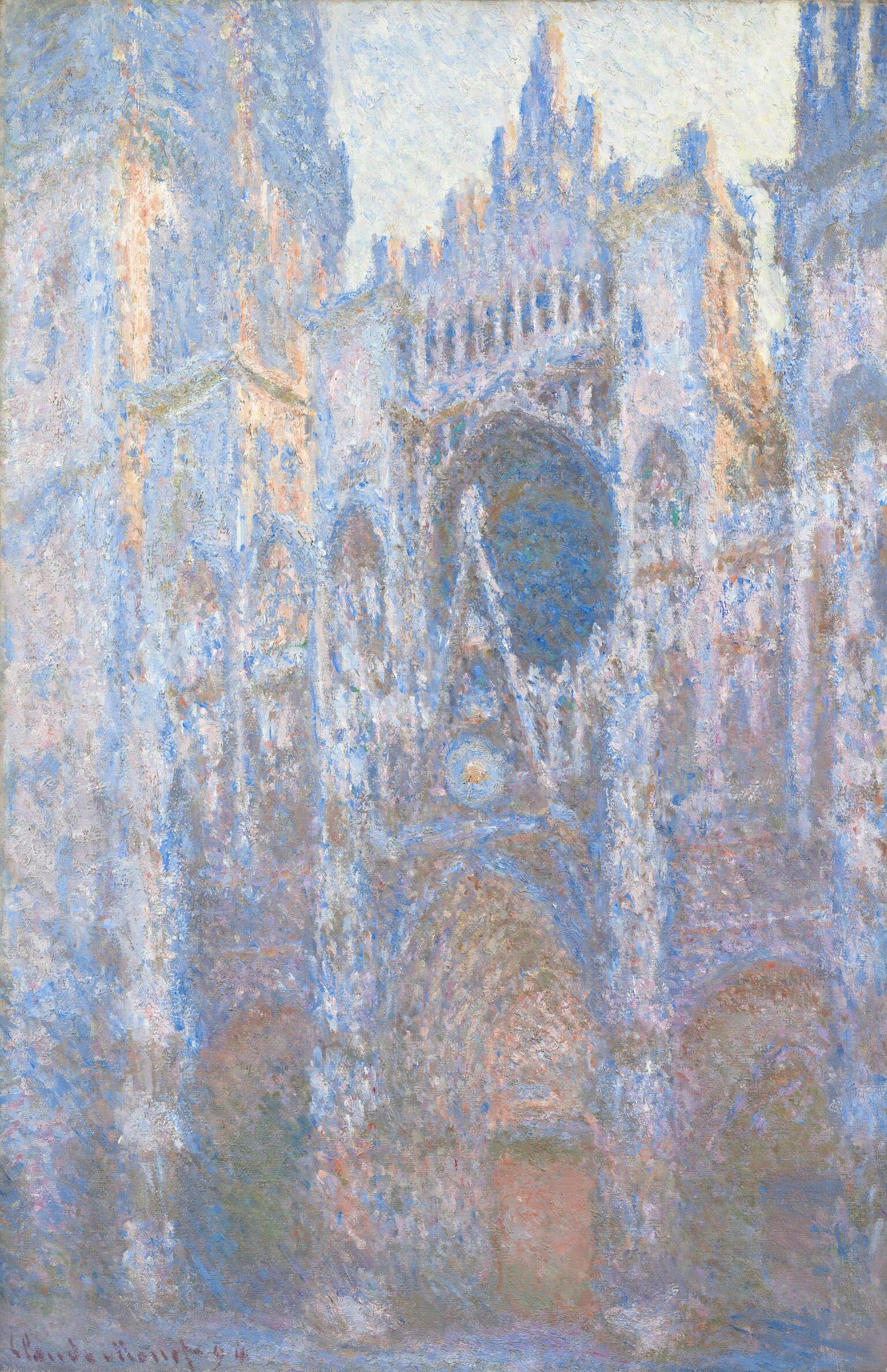 A painting of the outside of a Gothic cathedral in loose brushstrokes of blue, purple, orange and white.