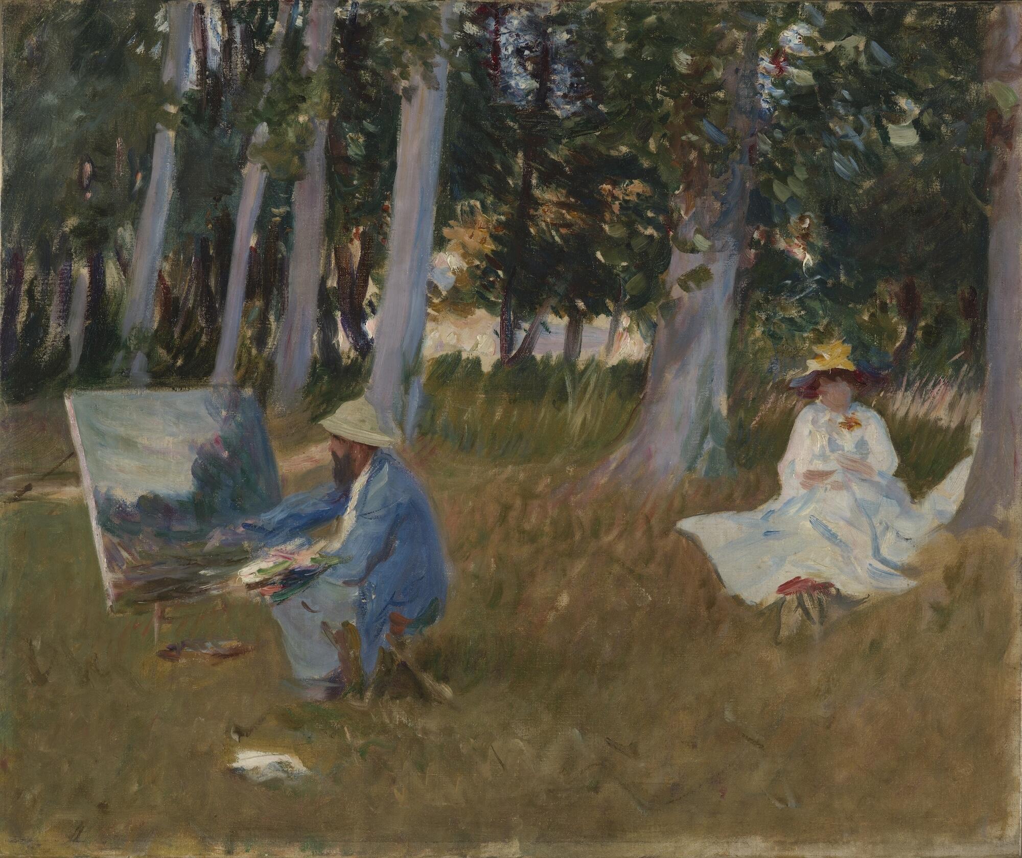 A painting with loose brushstrokes of an artist with a beard and blue jacket painting outside.