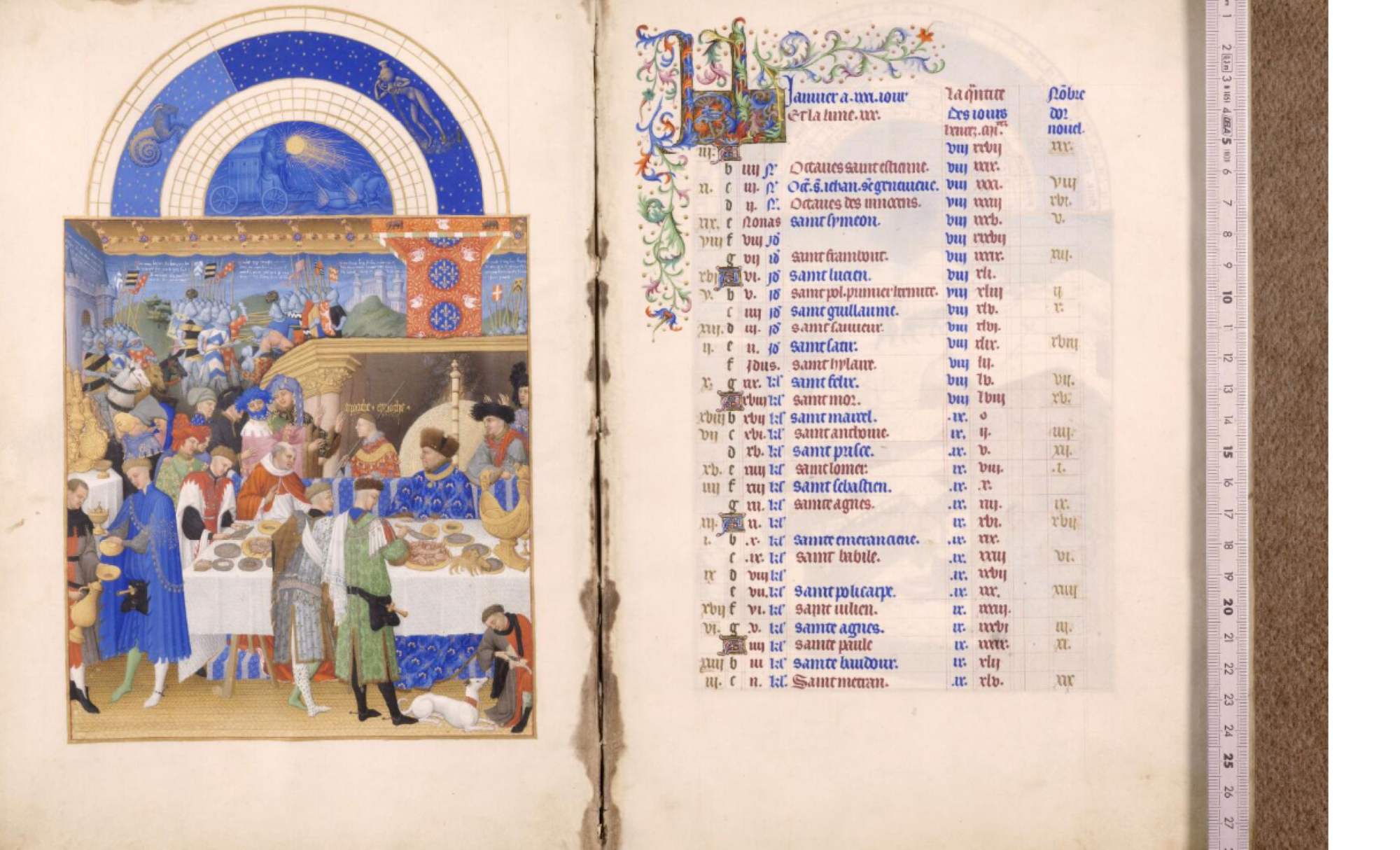 A spread of an illuminated manuscript with a painting of figures and their riches opposite the days of January.