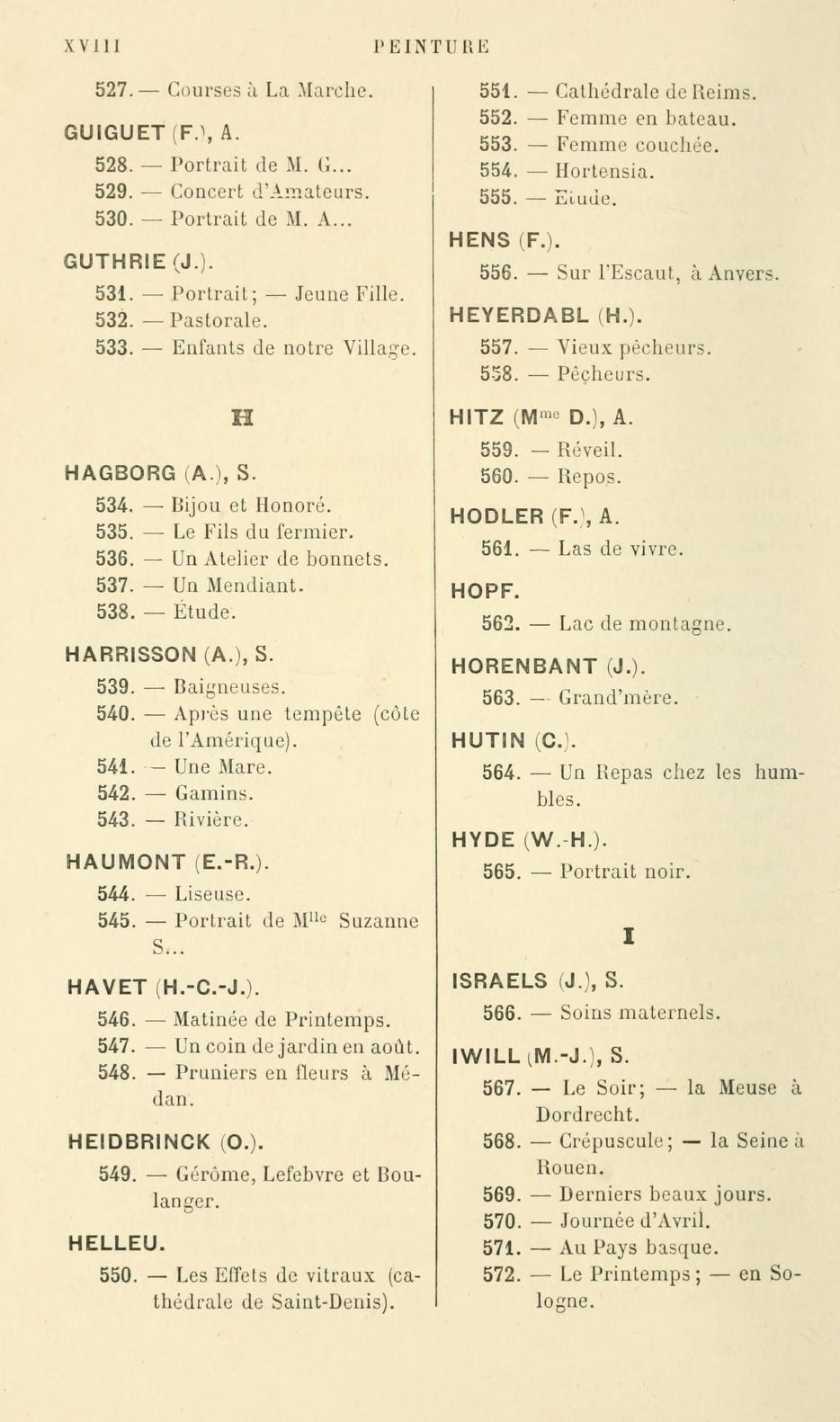 A page from a book listing artists exhibited at the 1892 Exposition in Paris including Helleu Les Effets de vitraux (cathedral de Saint-Denis).