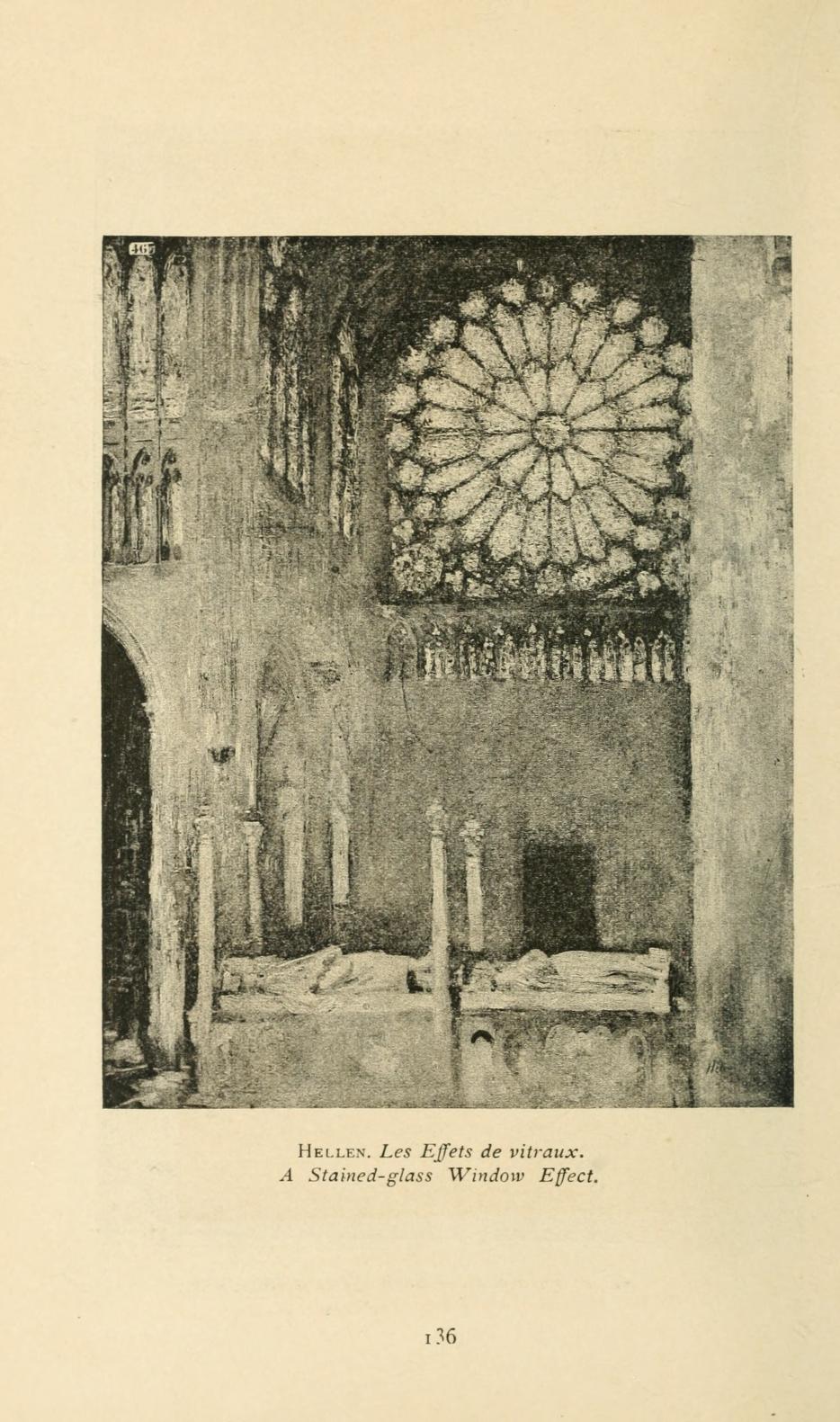 A page from a book with a black and white reproduction of a painting of the interior of a cathedral with a large rose window.