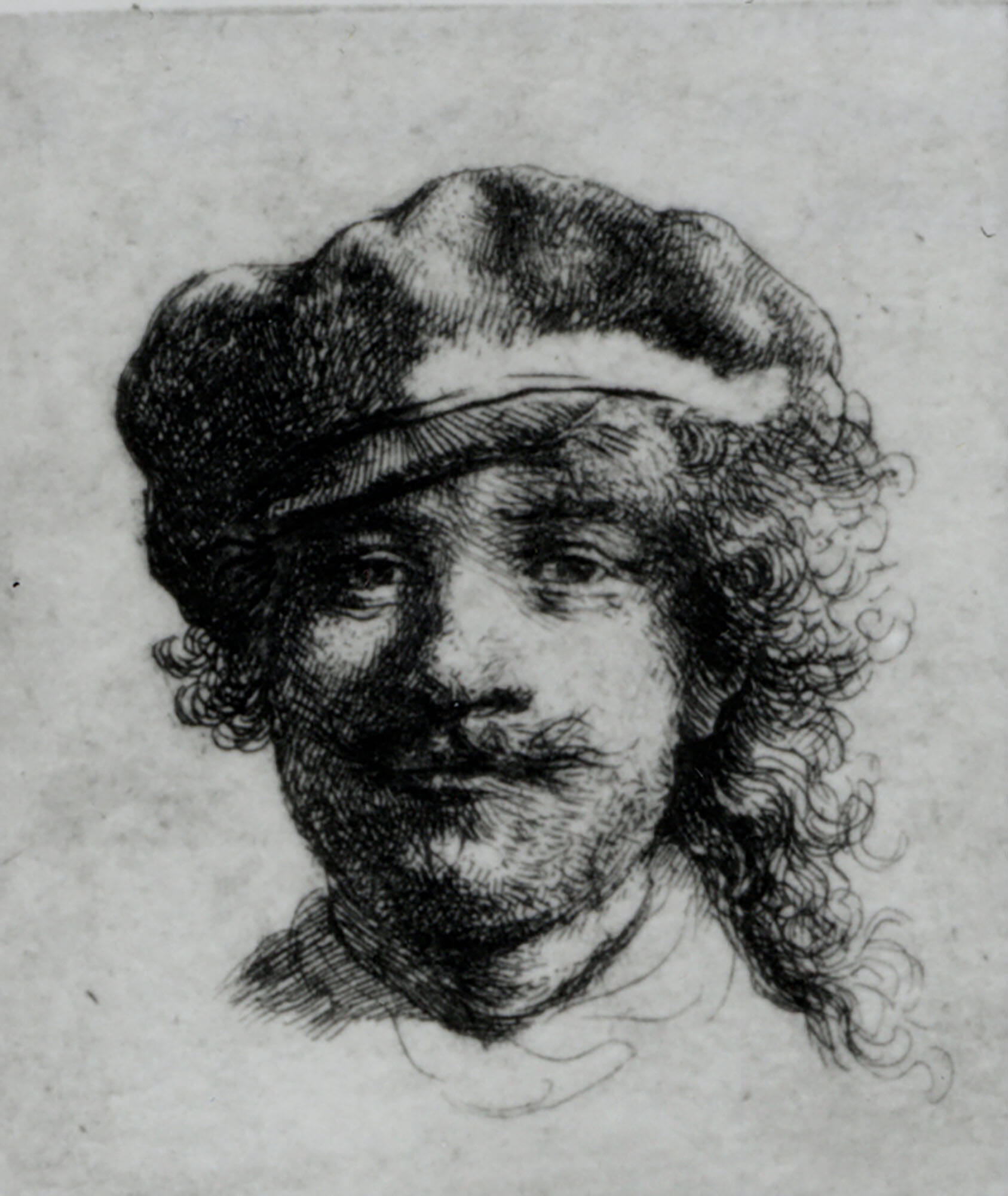 A black and white printed portrait of the head of a man with curly hair and mustache wearing a beret.