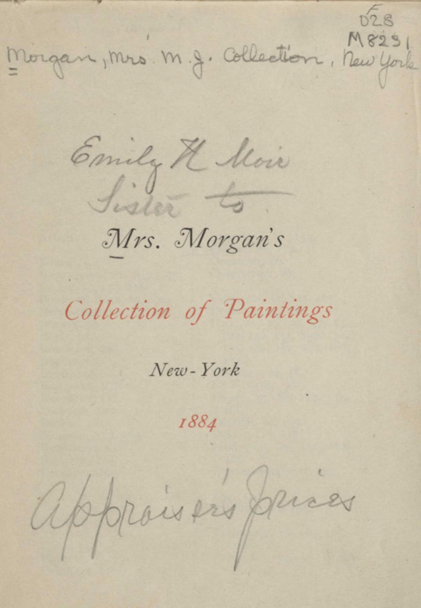 A page from a book reading Mrs Morgan’s Collection of Paintings New York 1884