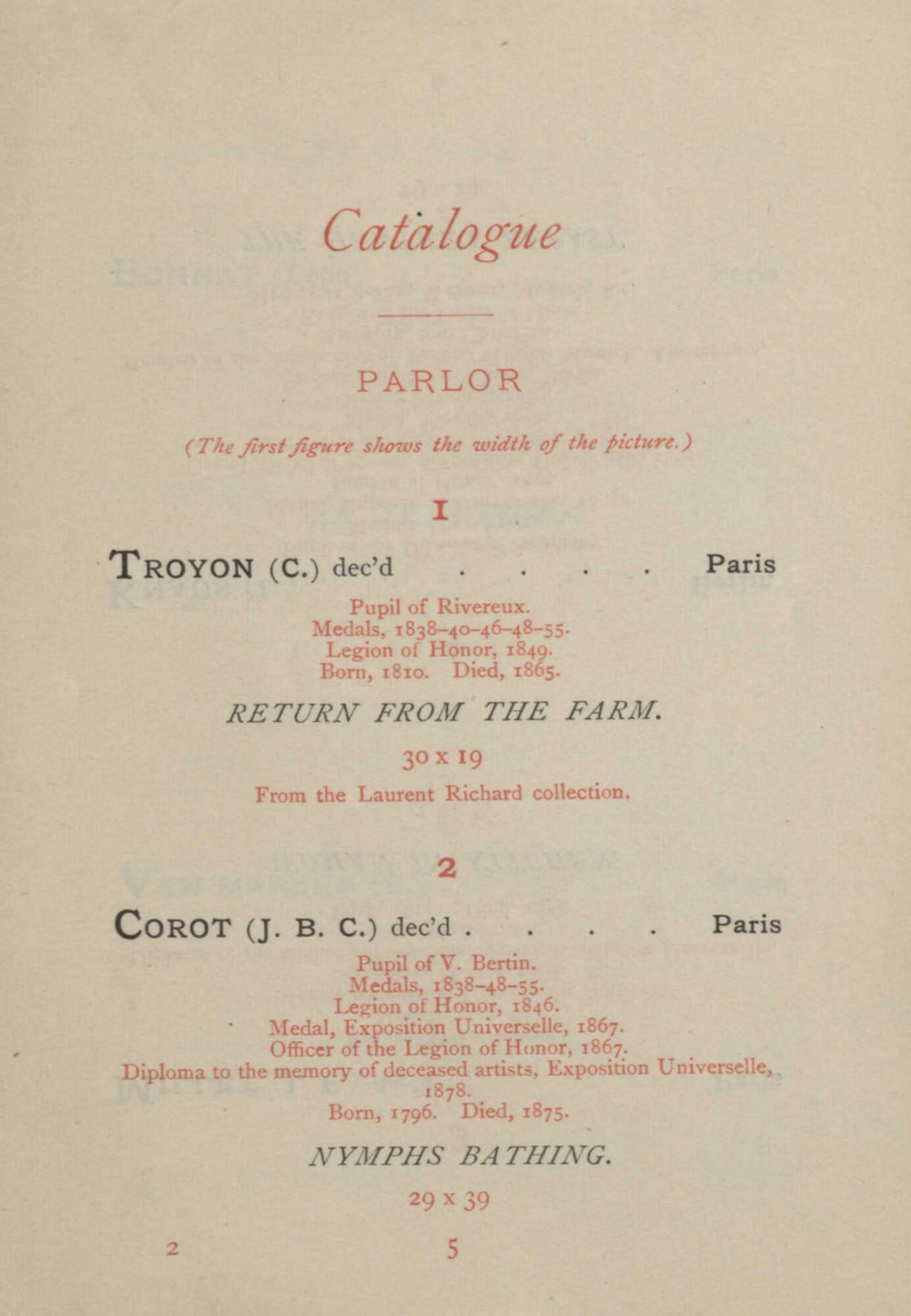 A page from a book reading Catalogue Parlor and listing two paintings