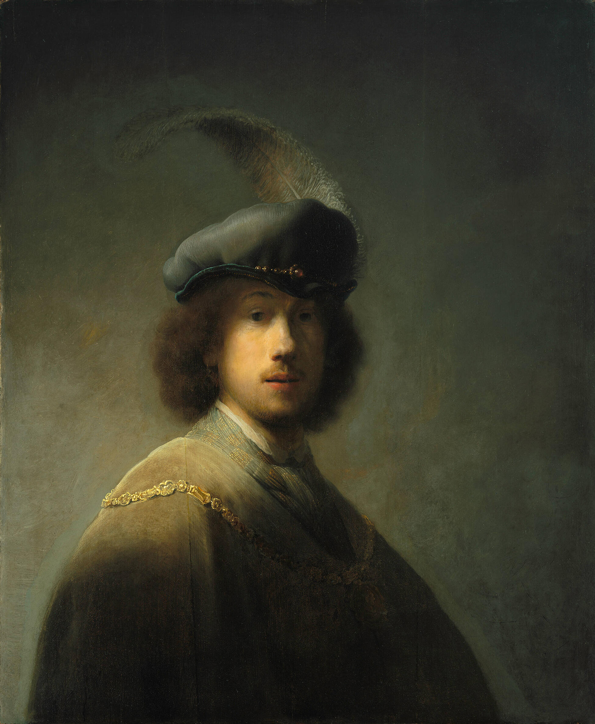 A painting of the head and shoulders of a light-skinned man with curly hair. He wears a blue hat with a feather, a jacket with a gold chain, and a light blue scarf with gold threads.
