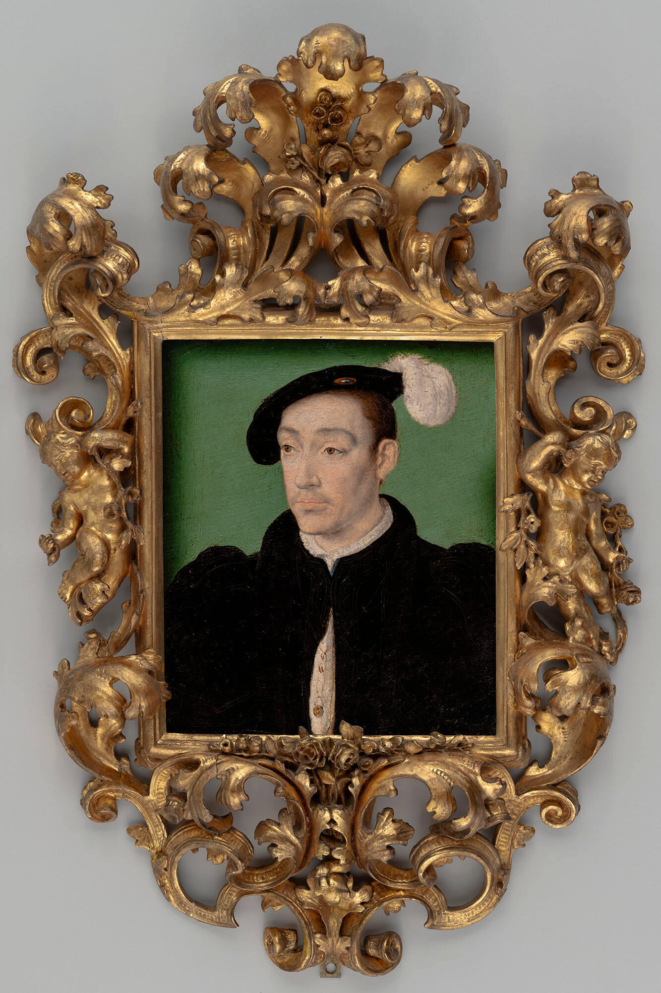 A painting of a young white man wearing a dark jacket and hat with a white feather on a green background.