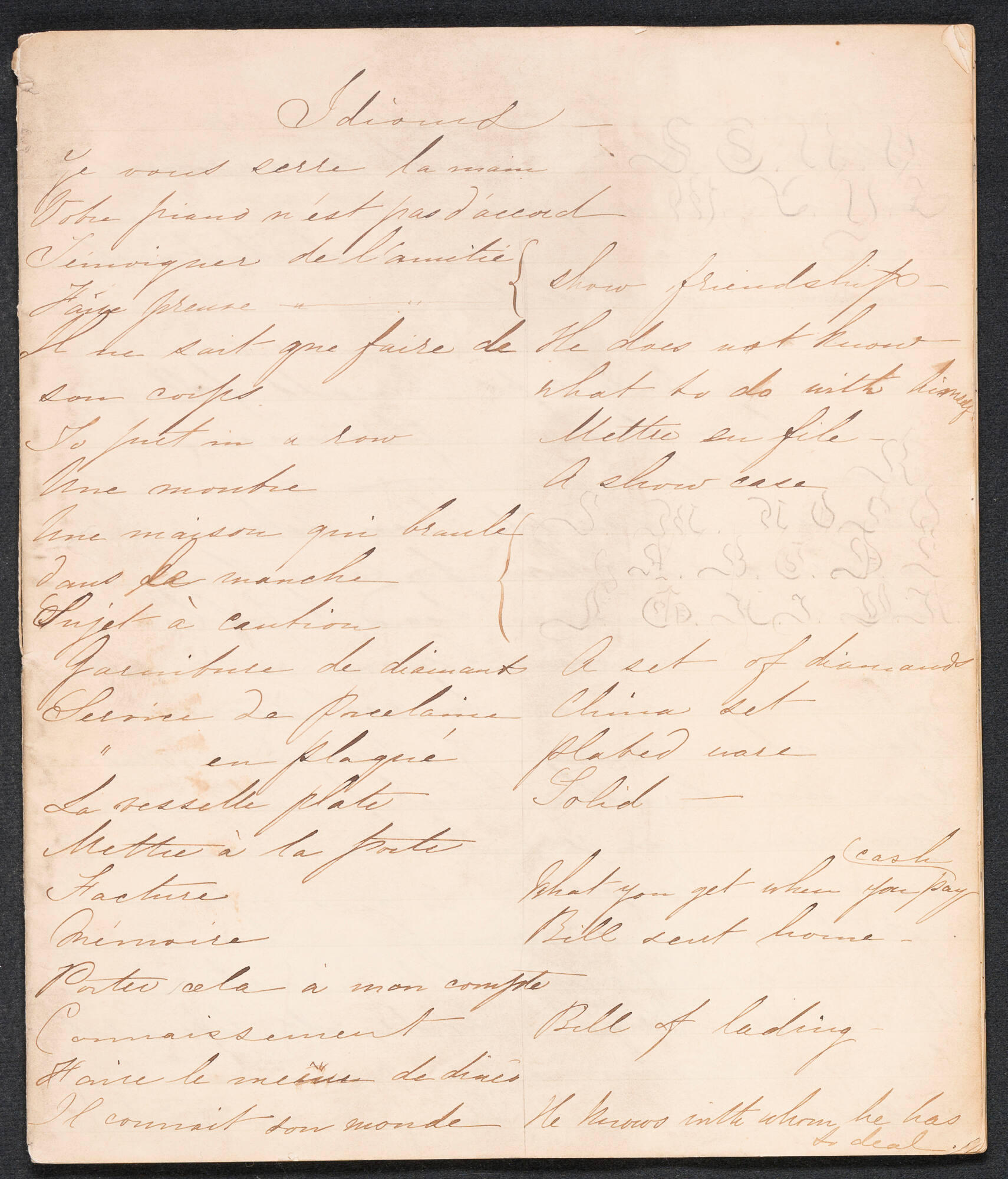 Off-white paper with slanted cursive writing in brown ink, with lines written in French and English.