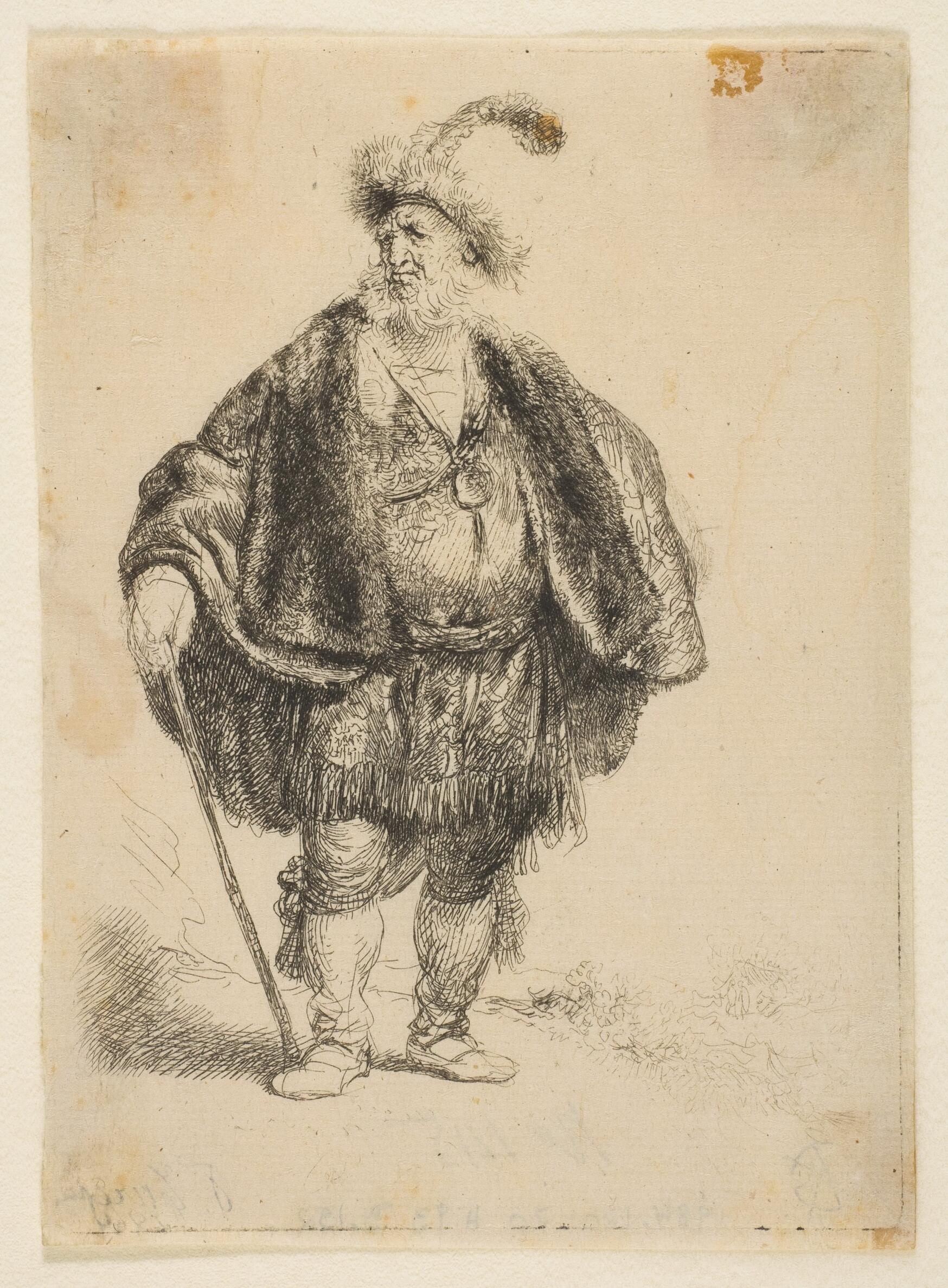 A standing man wearing a fur hat with a feather, and fur robes.