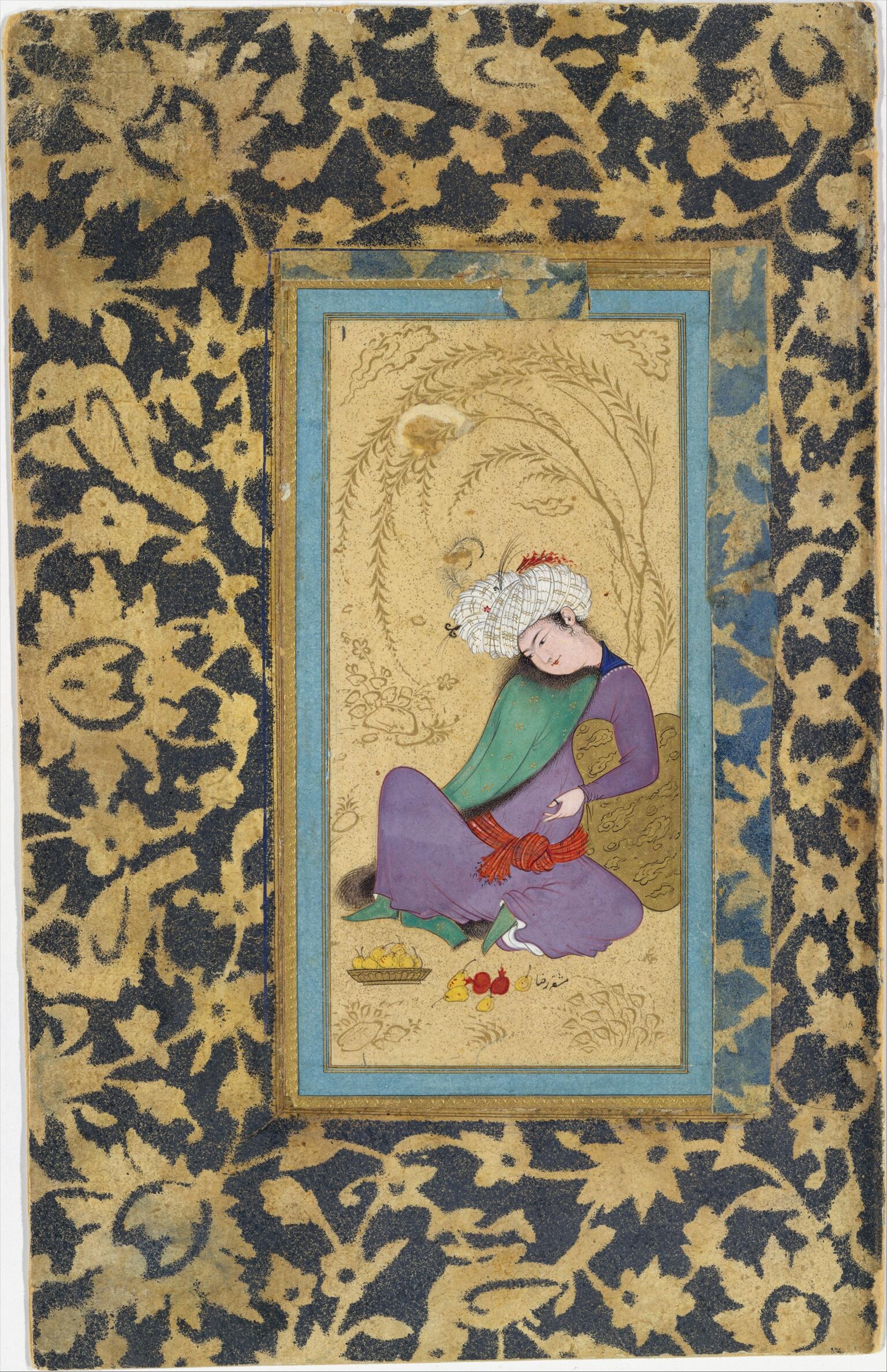 A painting of a light-skinned man wearing a purple robe, green cloak, a red sash tied around his waist, and a white turban.
