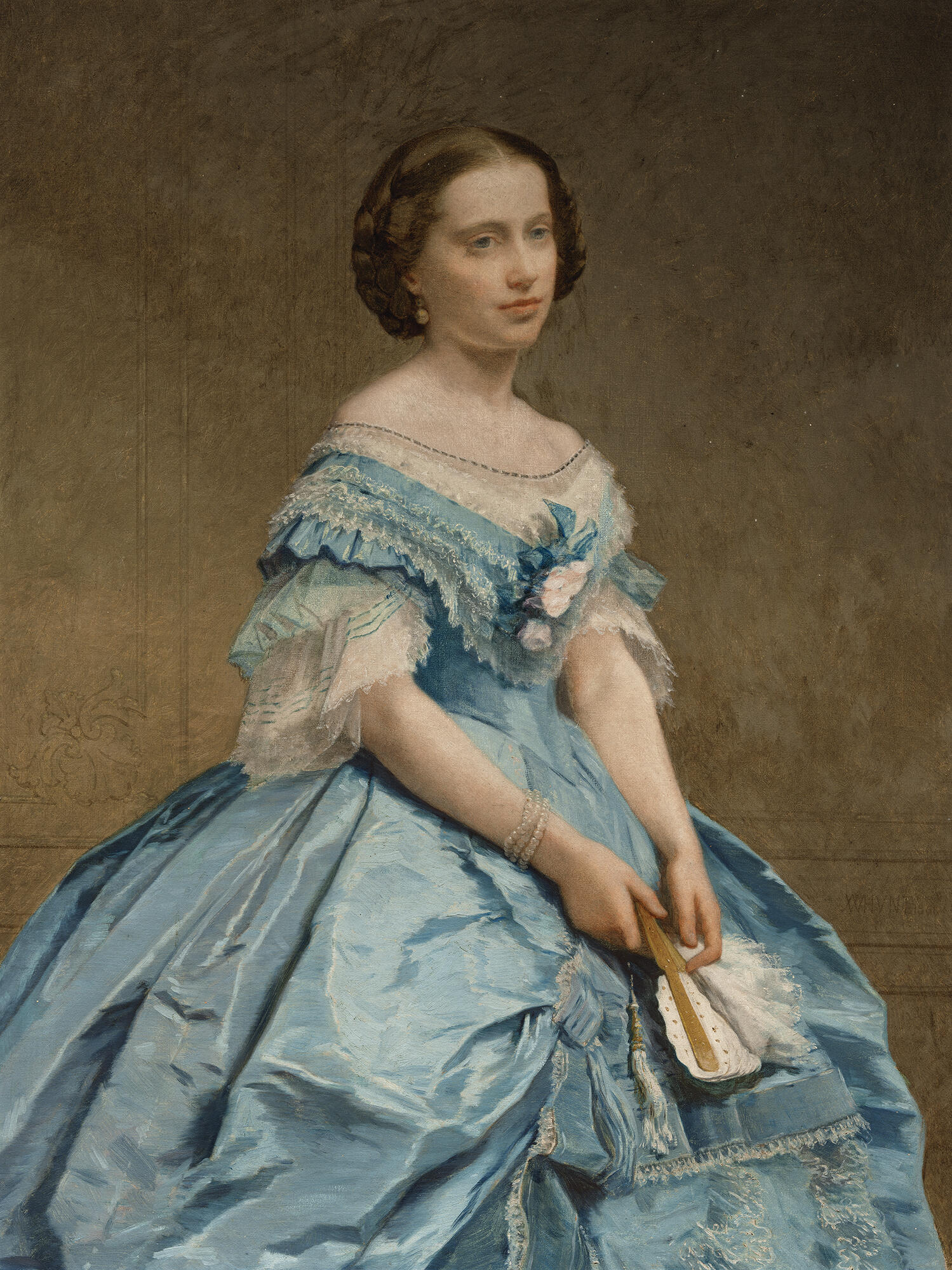 Oil portrait of a seated woman in a wide, blue dress with white lace trim. She has light-colored skin and brown hair braided and coiled behind her head. She faces diagonally to the viewer’s right and holds a fan.
