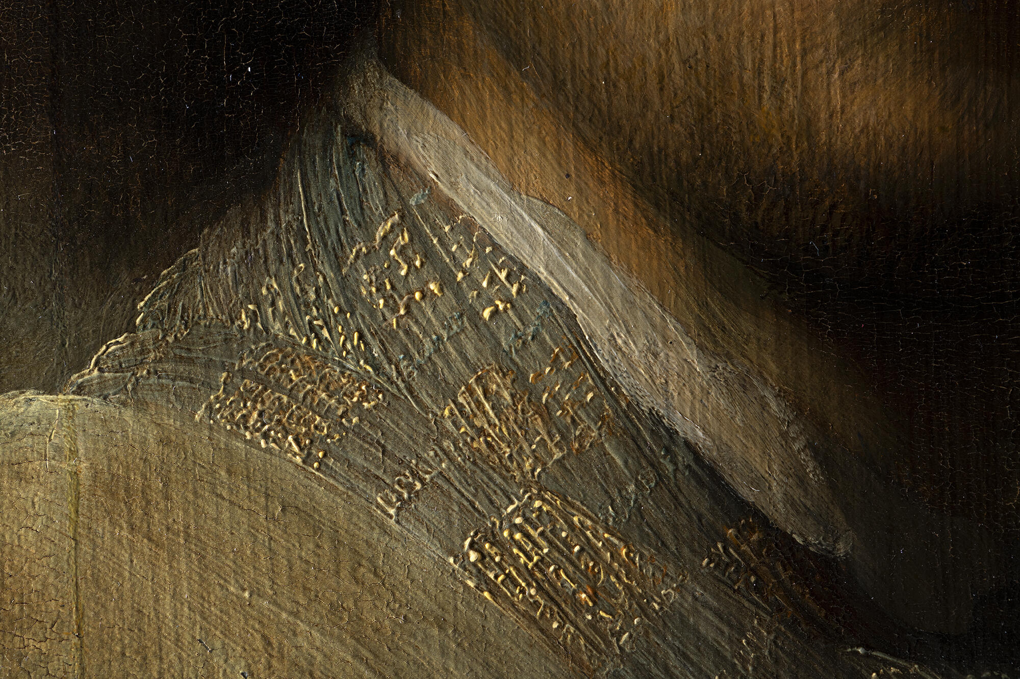A detail of a painting showing the brushstrokes of a blue green scarf with gold threads.