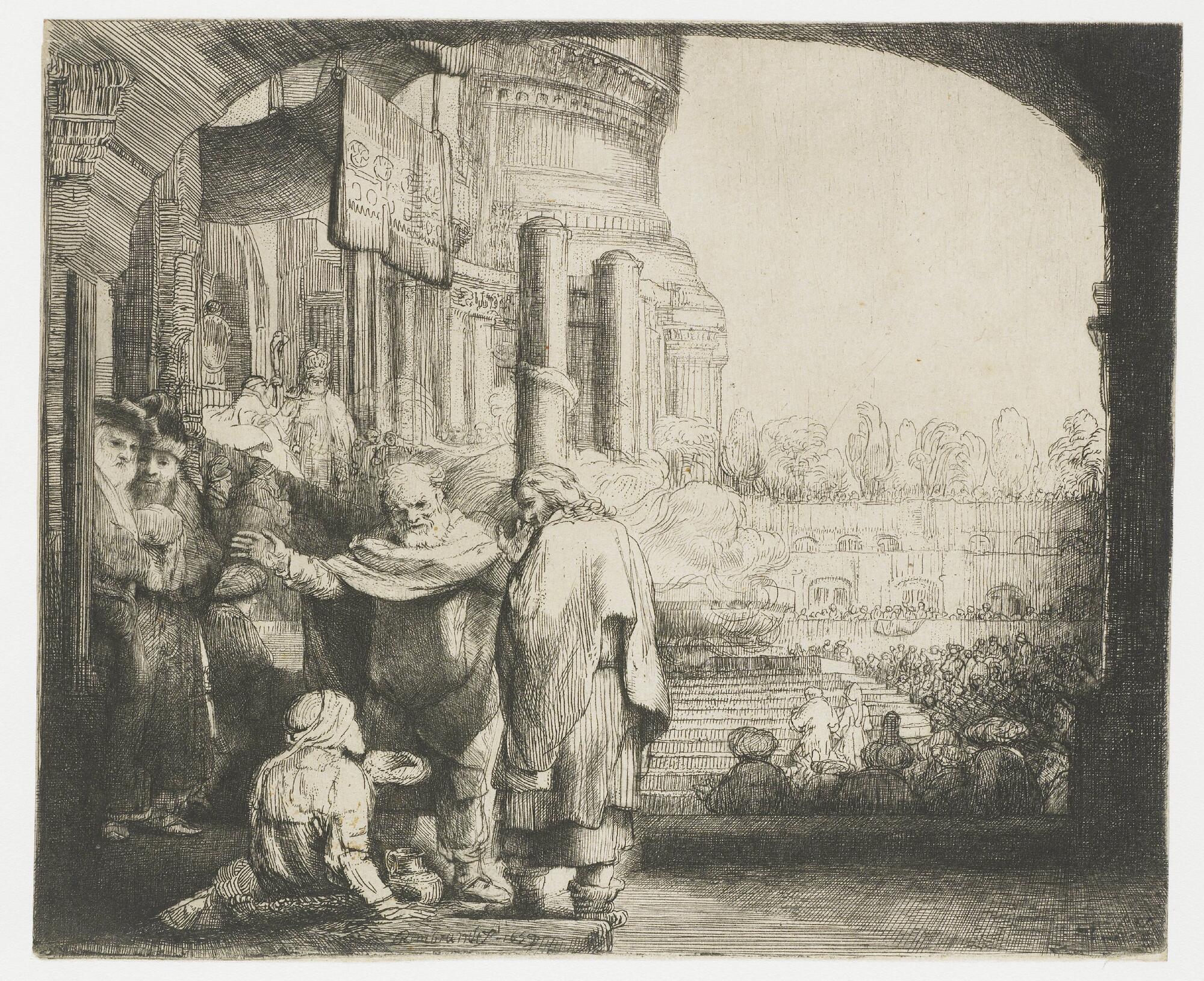 A black and white print of a group of men standing in an archway over a disabled man seated on the ground, asking for money.