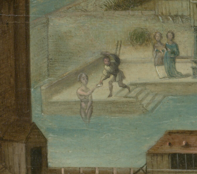 A naked woman baths in a pool near three attendants.